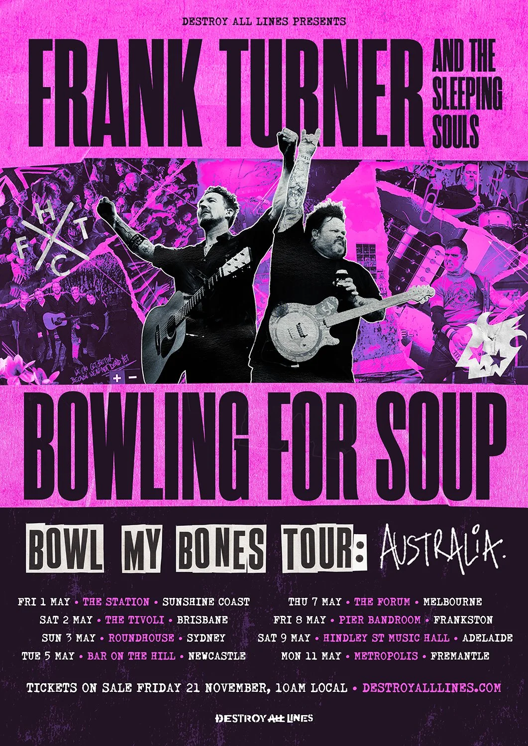 Frank Turner & The Sleeping Souls and Bowling For Soup "Bowl My Bones Tour: Australia" poster with tour dates and locations in May.