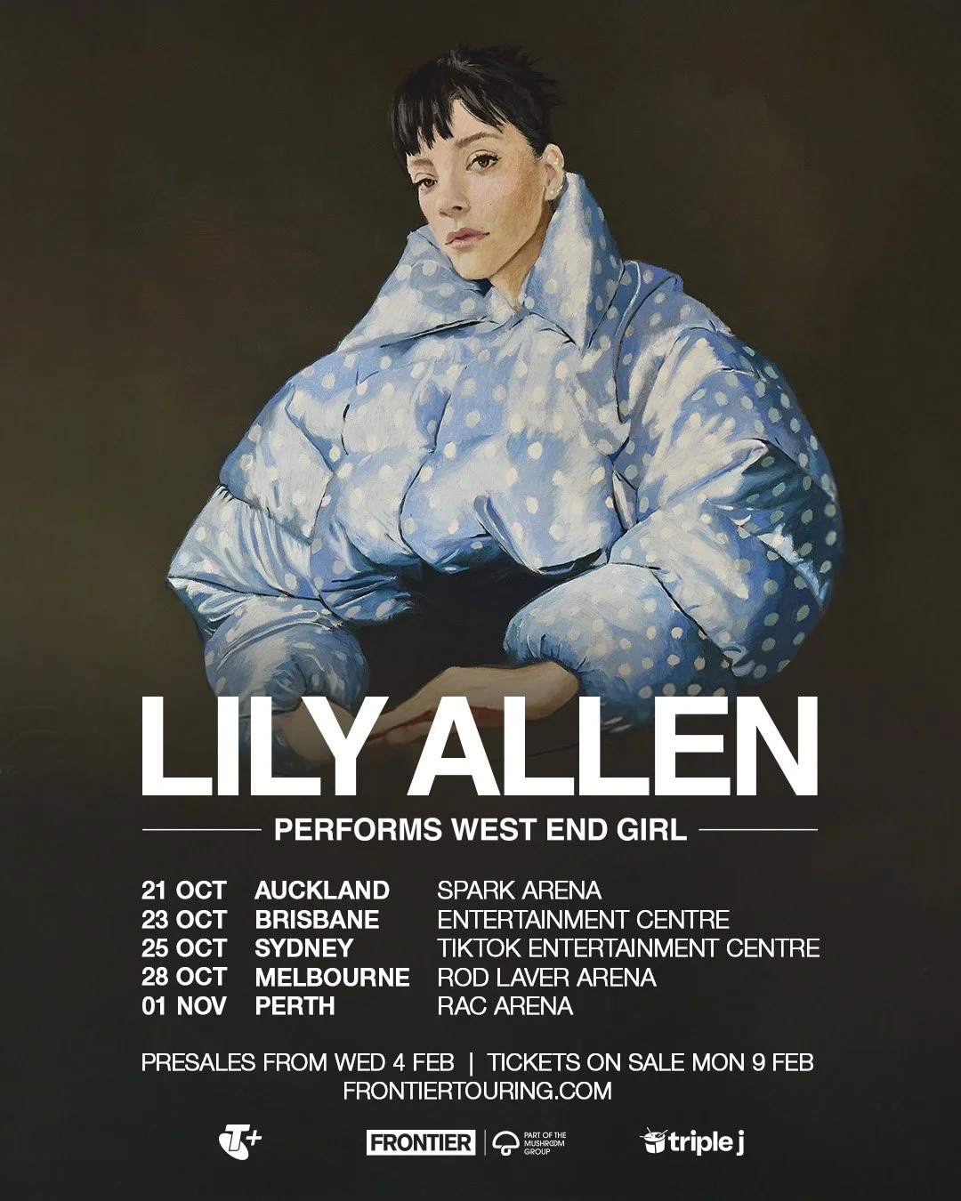 Lily Allen 2026 Australian and New Zealand tour poster featuring the singer in a blue jacket with dates for Auckland, Brisbane, Sydney, Melbourne and Perth.