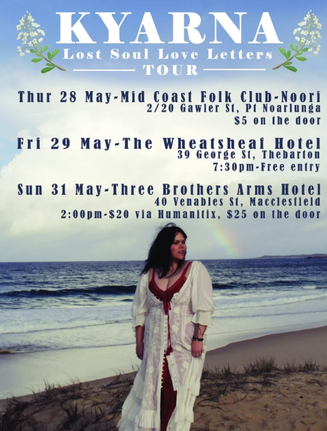 Tour poster for Kyarna’s Lost Soul Love Letters Tour, featuring May dates and venues in Pt Noarlunga, Thebarton, and Macclesfield, South Australia.