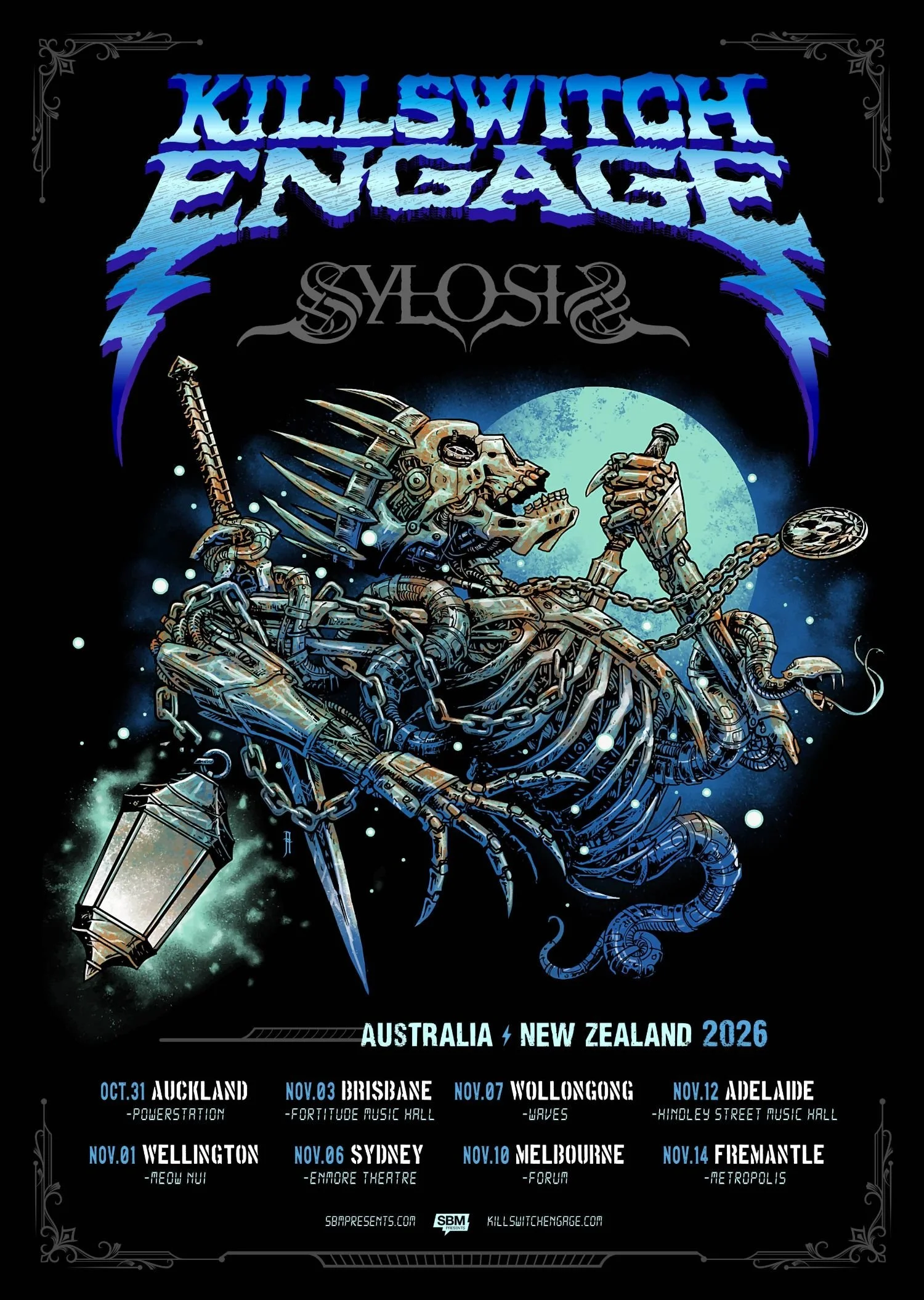 Killswitch Engage 2026 Australia and New Zealand tour poster featuring Sylosis, with artwork of a biomechanical skeleton against a full moon.