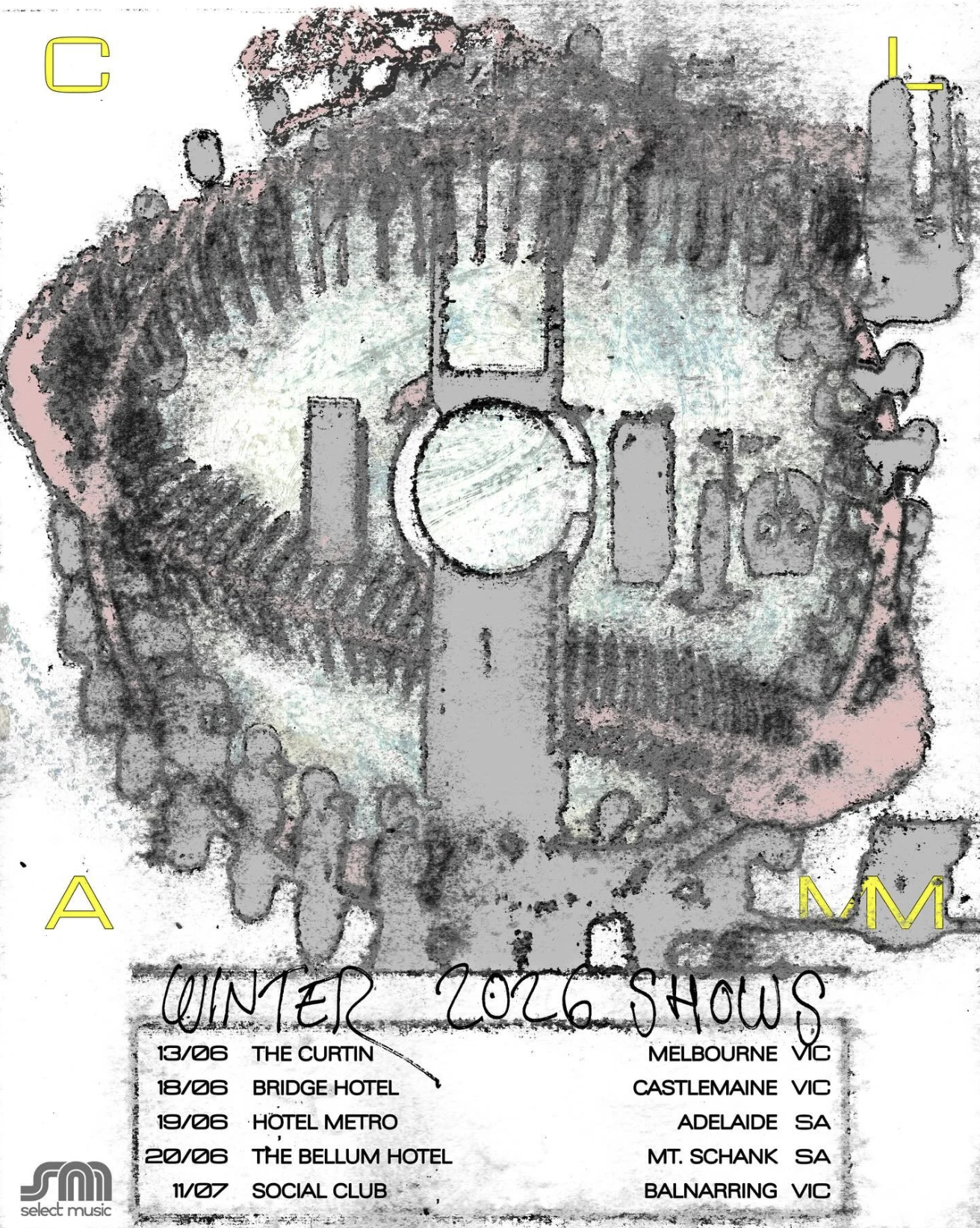 CLAMM Winter 2026 tour poster with abstract grey and pink art. Lists Australian shows in Melbourne, Castlemaine, Adelaide, Mt Schank, and Balnarring.