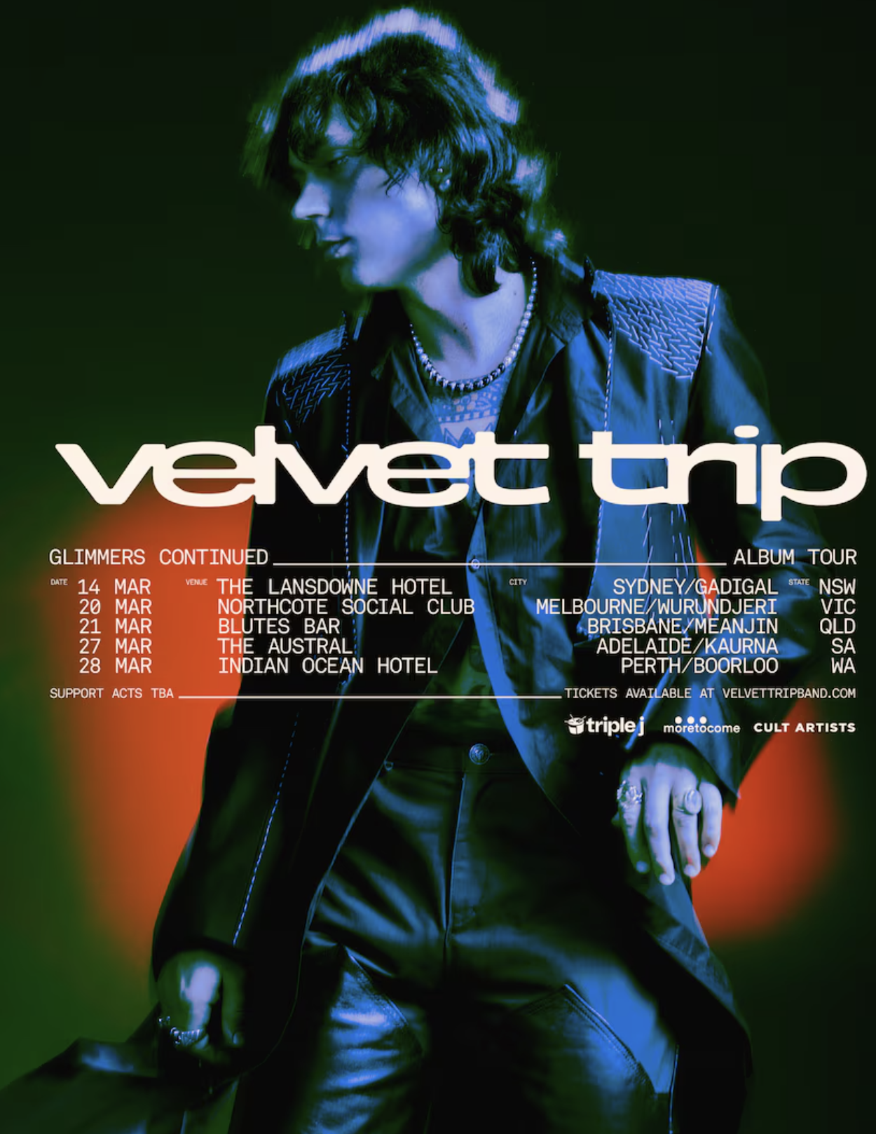 Velvet Trip "Glimmers Continued" 2026 Australian Album Tour poster. Dates for Sydney, Melbourne, Brisbane, Adelaide, and Perth. Features blue lighting.