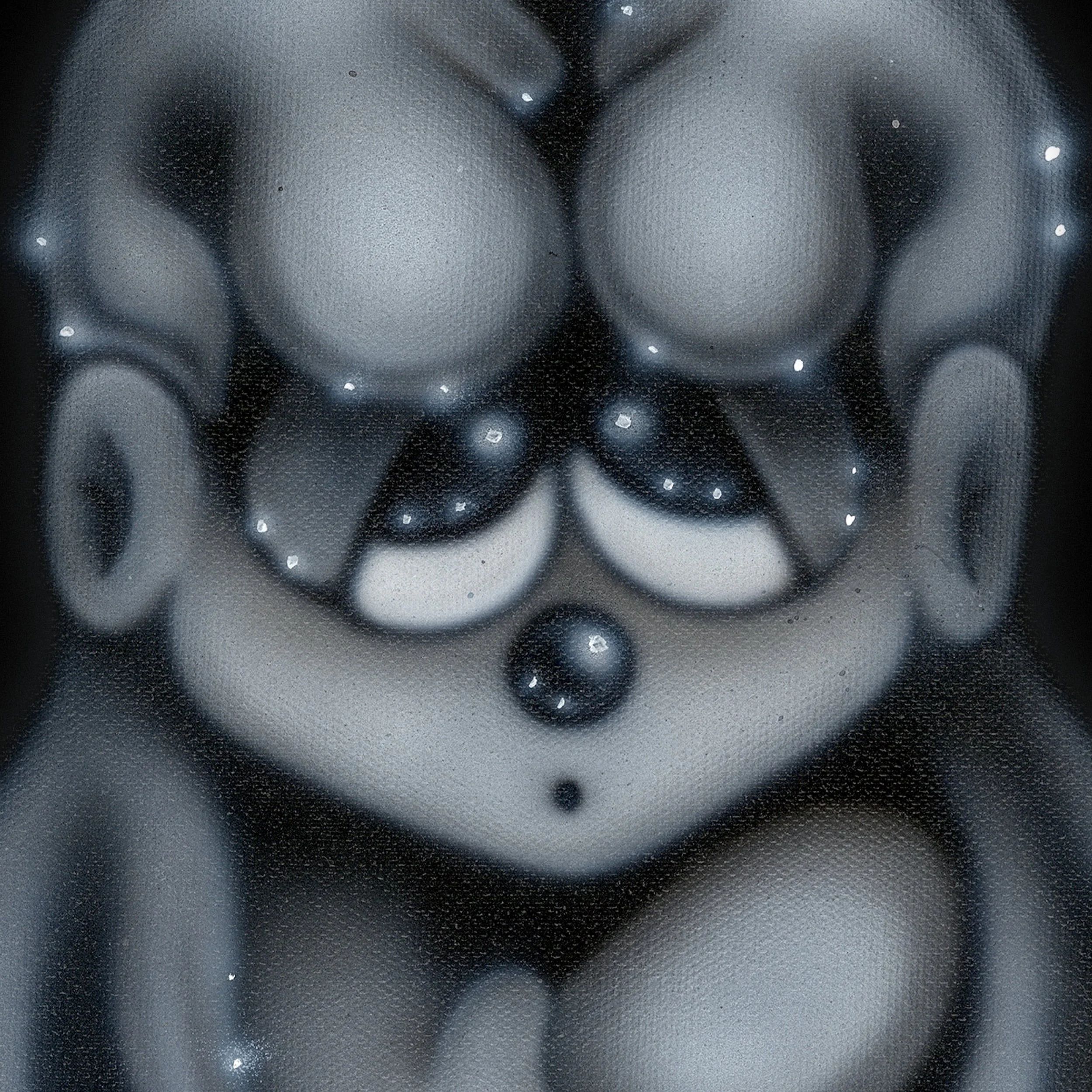 2charm's Star Scum City album cover featuring a grey, airbrushed surrealist face with large eyes and soft, rounded features on a dark background.