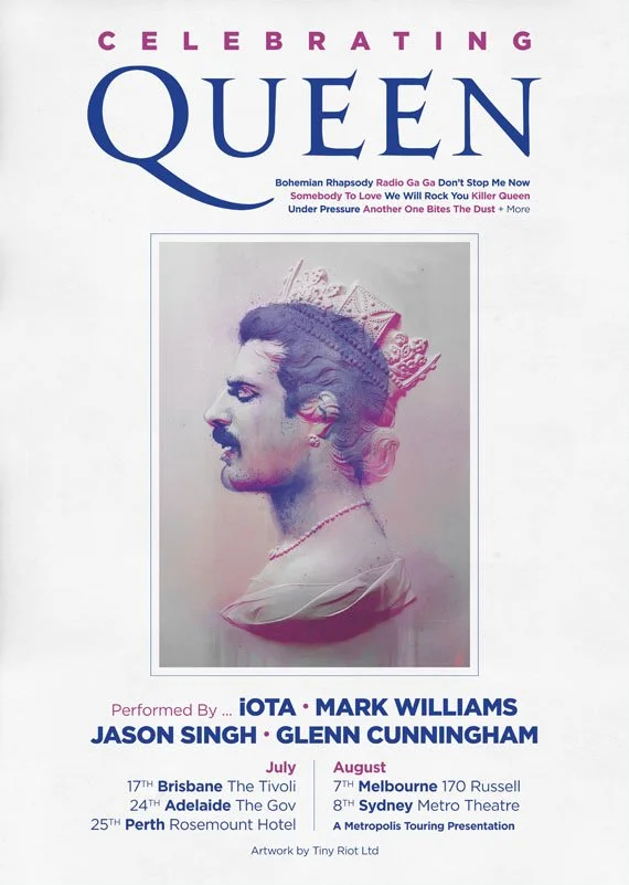 'Celebrating Queen' 2026 tour poster featuring Freddie Mercury artwork. Showcases July and August dates in Brisbane, Adelaide, Perth, and Melbourne.