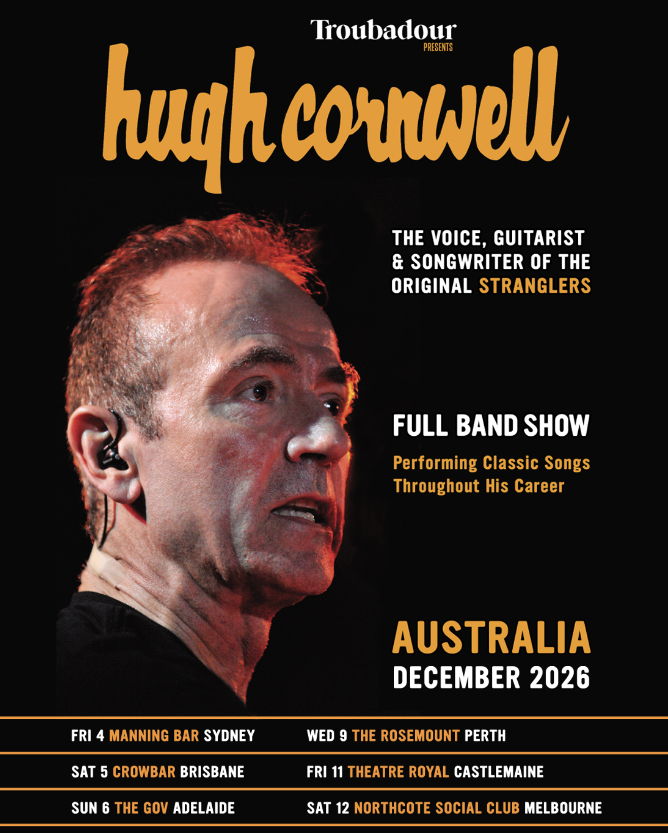 Hugh Cornwell Australia December 2026 tour poster featuring a close-up photo of the artist, orange text, and live dates for a full band show.