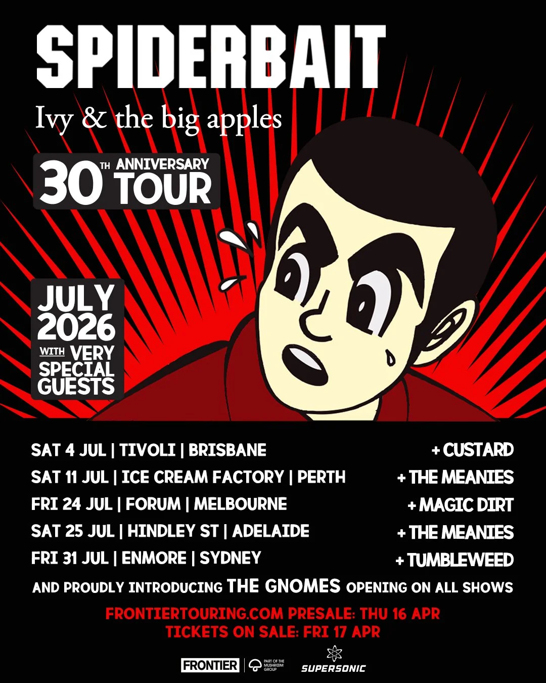 Spiderbait Ivy & the Big Apples 30th Anniversary Tour poster. July 2026 dates for Brisbane, Perth, Melbourne, Adelaide, and Sydney on a red backdrop.