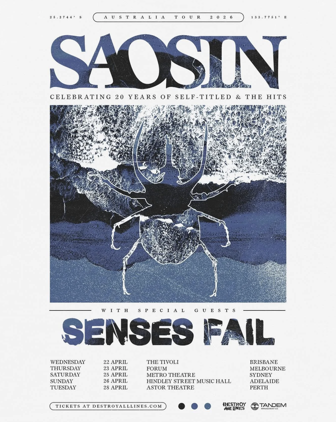 Saosin & Senses Fail Australia Tour 2026 poster with dates: Brisbane, Melbourne, Sydney, Adelaide, Perth. Celebrating 20 years.