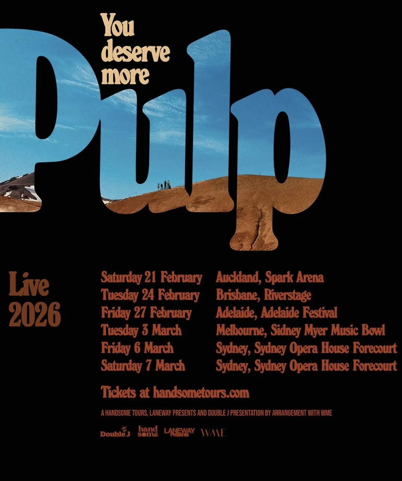 Official Pulp "You Deserve More" 2026 tour poster listing Australia and New Zealand dates: Auckland, Brisbane, Adelaide, Melbourne, and Sydney.
