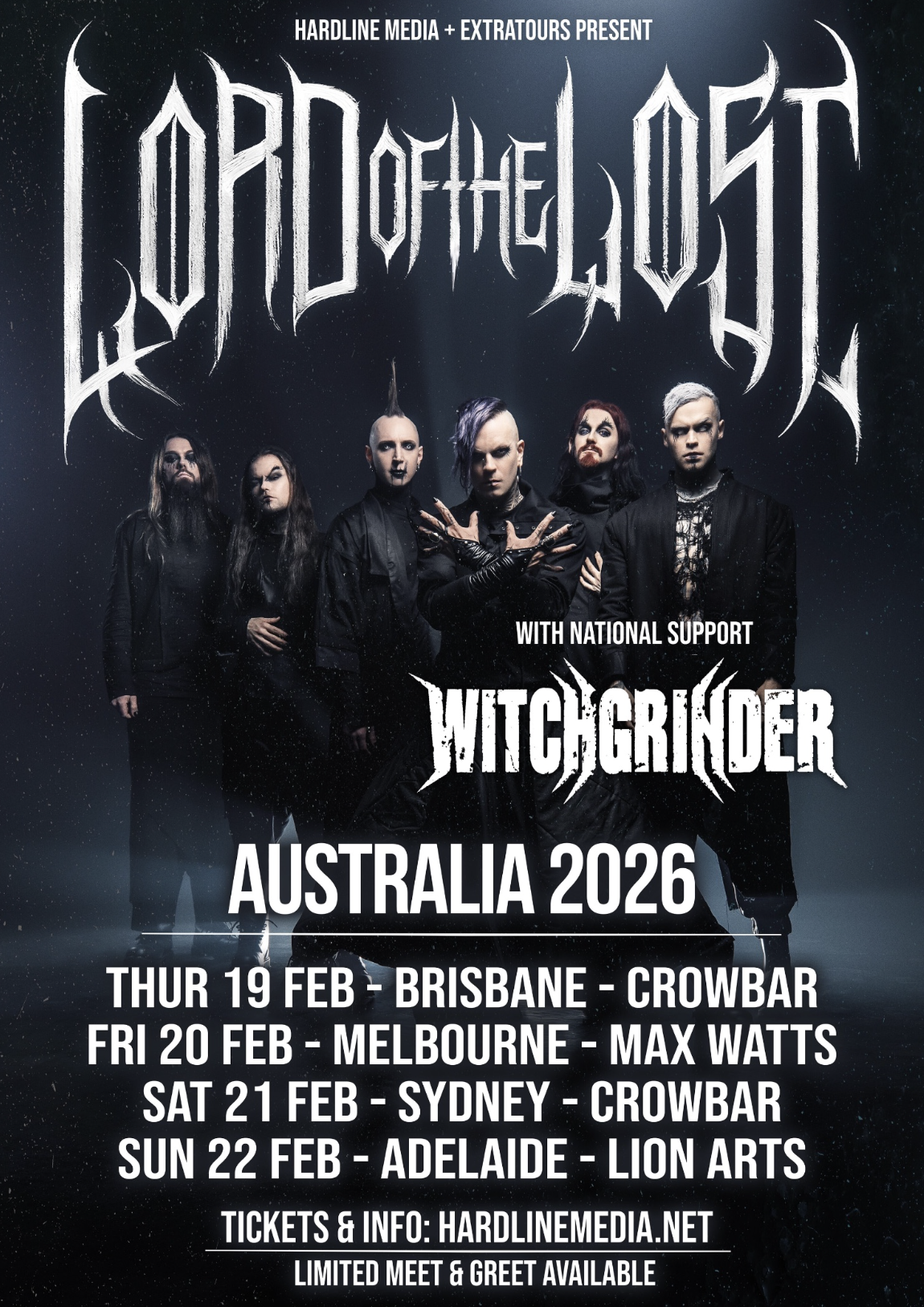 Lord of the Lost 2026 Australian tour poster with Witchgrinder. Gothic band image over February dates for Brisbane, Melbourne, Sydney, and Adelaide.