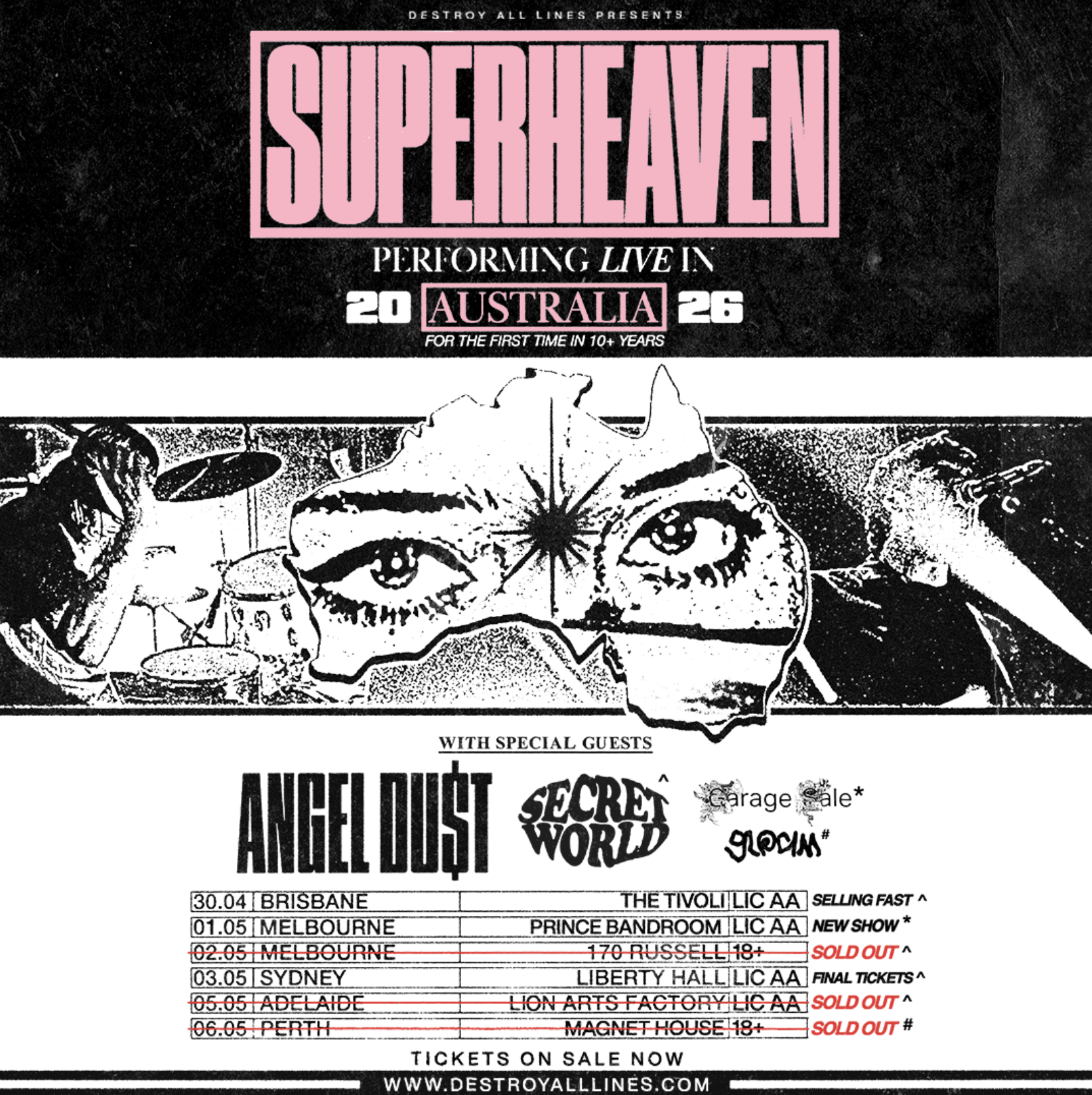 Superheaven 2026 Australia tour poster with Angel Duxt. Pink and black grunge design featuring tour dates for Brisbane, Melbourne, Sydney, and Perth.