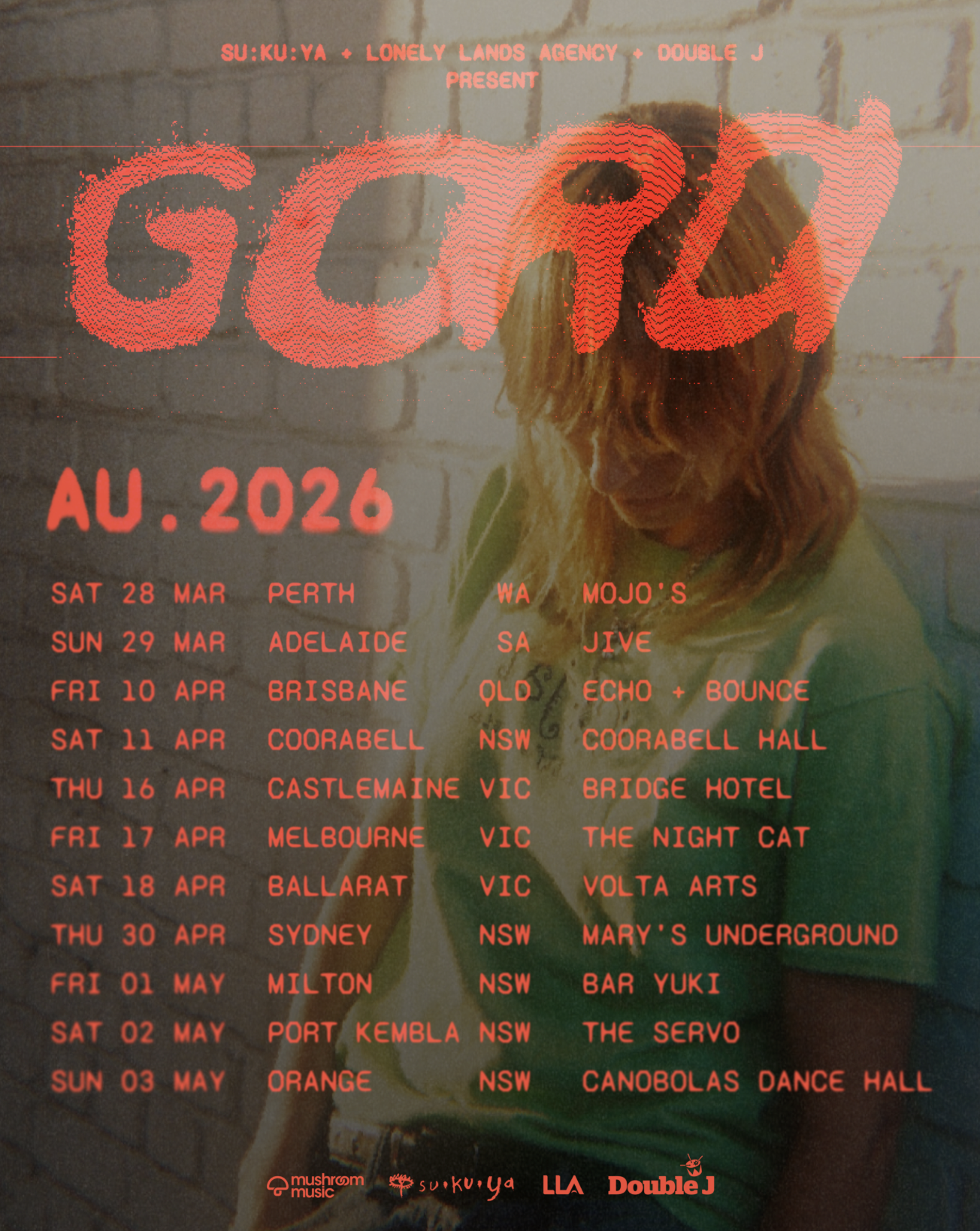 Official tour poster for singer Gordi's 2026 Australian tour, featuring an orange schedule list over a sun-drenched photo of the artist against a wall.