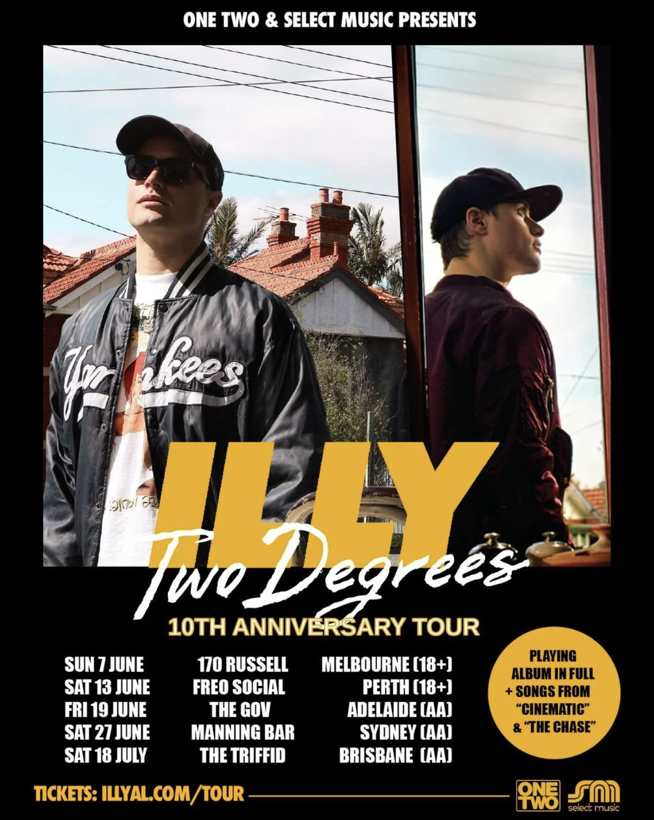 Illy Two Degrees 10th Anniversary Tour poster. 2026 Australian dates in Melbourne, Perth, Adelaide, Sydney, and Brisbane. Playing the album in full.