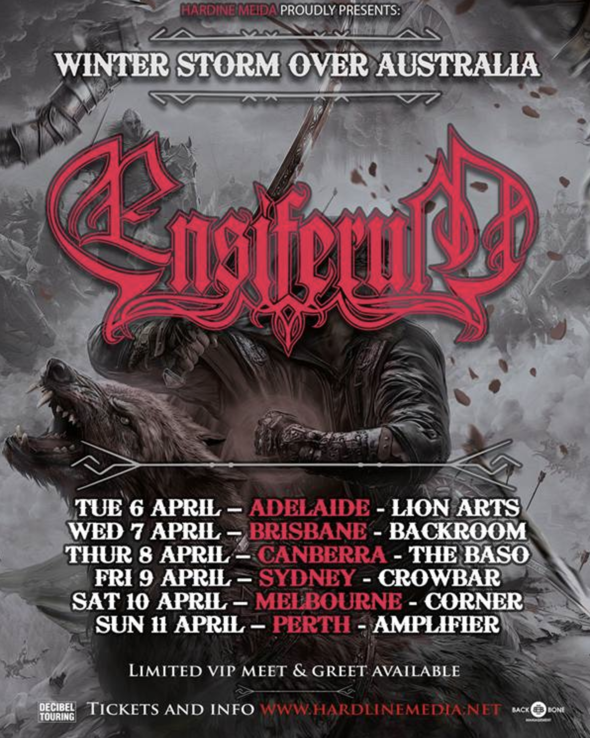 Ensiferum "Winter Storm Over Australia" tour poster. Features April dates for Adelaide, Brisbane, Canberra, Sydney, Melbourne, and Perth with wolf art.