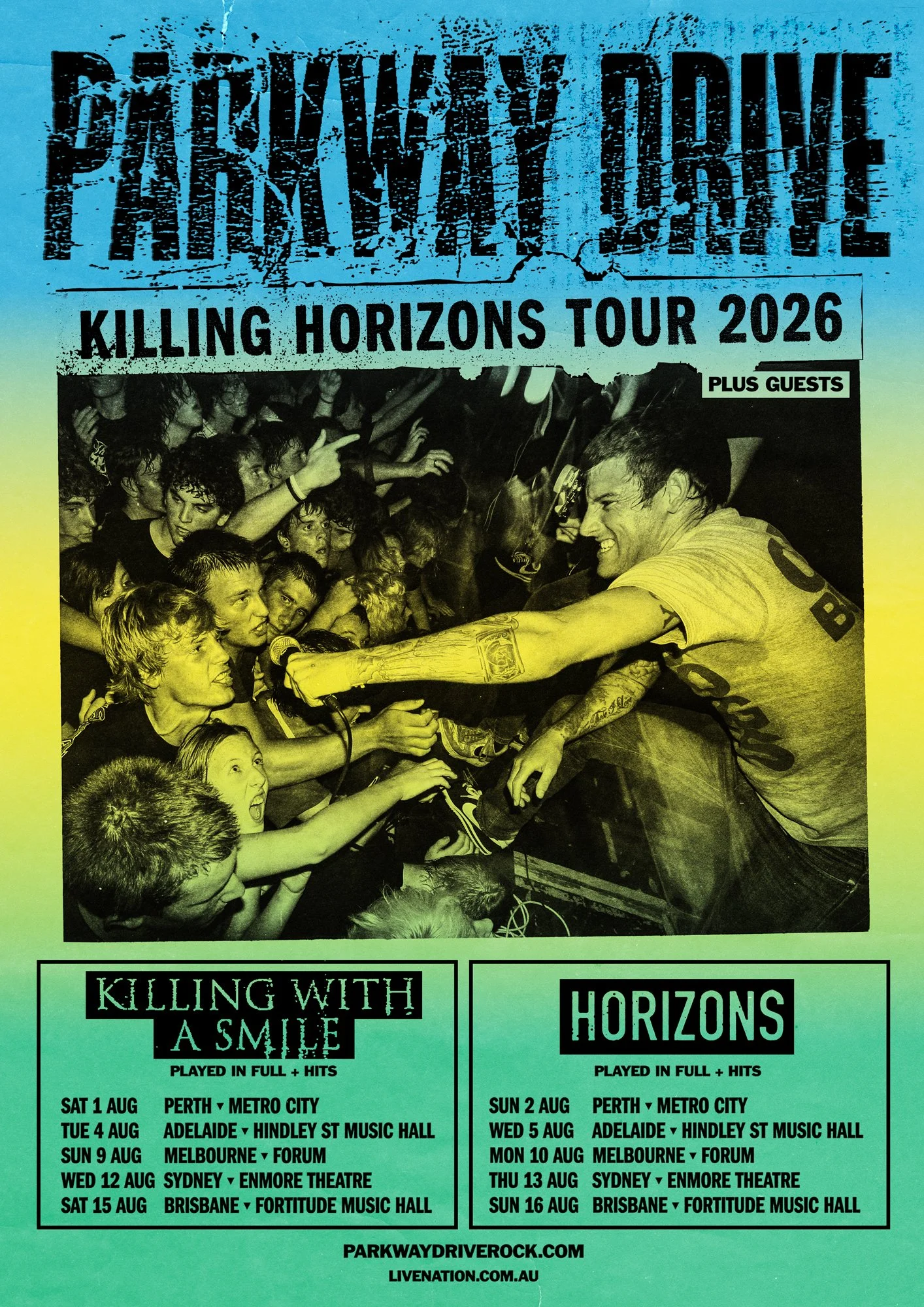 Parkway Drive "Killing Horizons Tour 2026" poster with a live crowd photo on a blue, yellow, and green gradient background listing Australian dates.