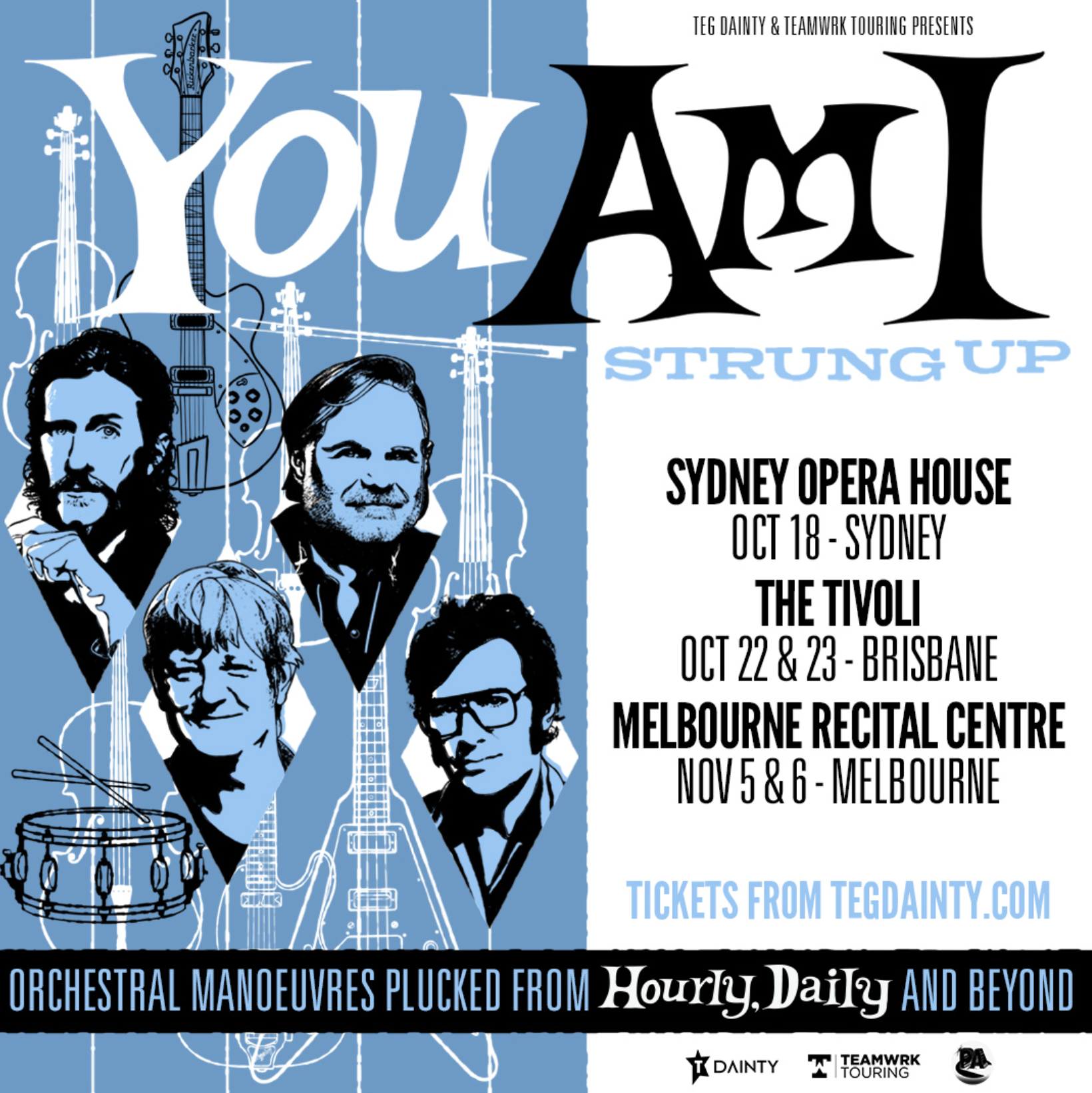 You Am I "Strung Up" tour poster in blue, white, and black, featuring illustrated band portraits and orchestral tour dates for Sydney, Brisbane, Melbourne.