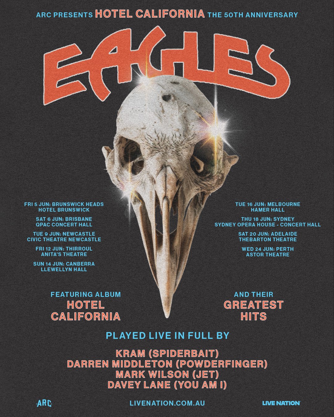 ARC presents Eagles Hotel California 50th Anniversary tour poster. Australian Rock Collective supergroup performs hits across Australia in June 2026.