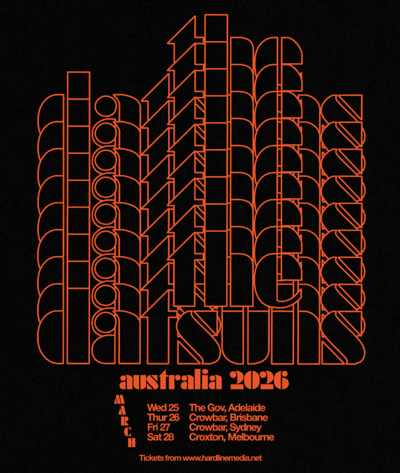 The Datsuns Australia 2026 tour poster. Orange retro-styled text on black background listing March dates in Adelaide, Brisbane, Sydney, and Melbourne.