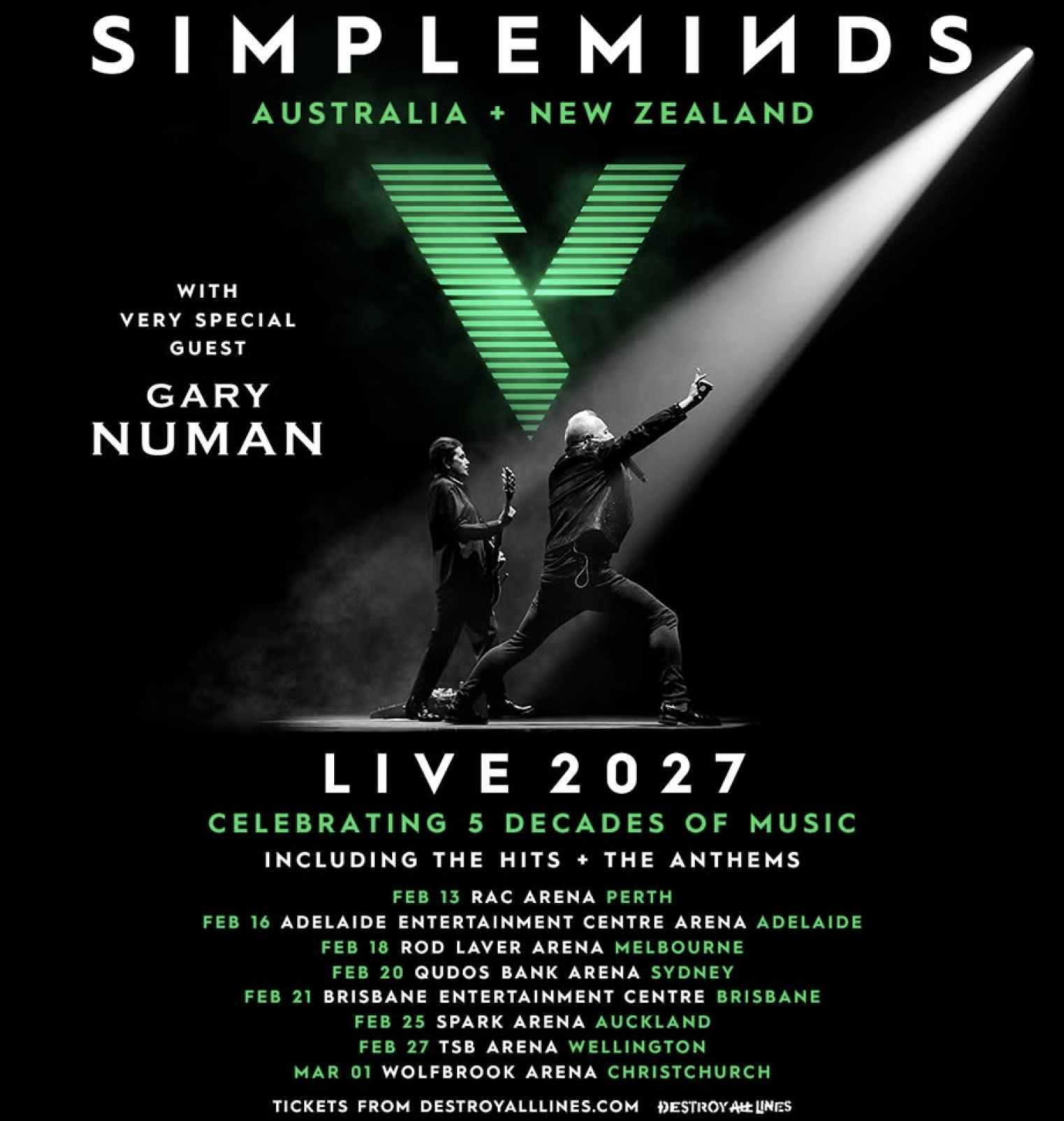 Tour poster for Simple Minds Live 2027 in Australia & New Zealand with Gary Numan, listing arena concert dates.