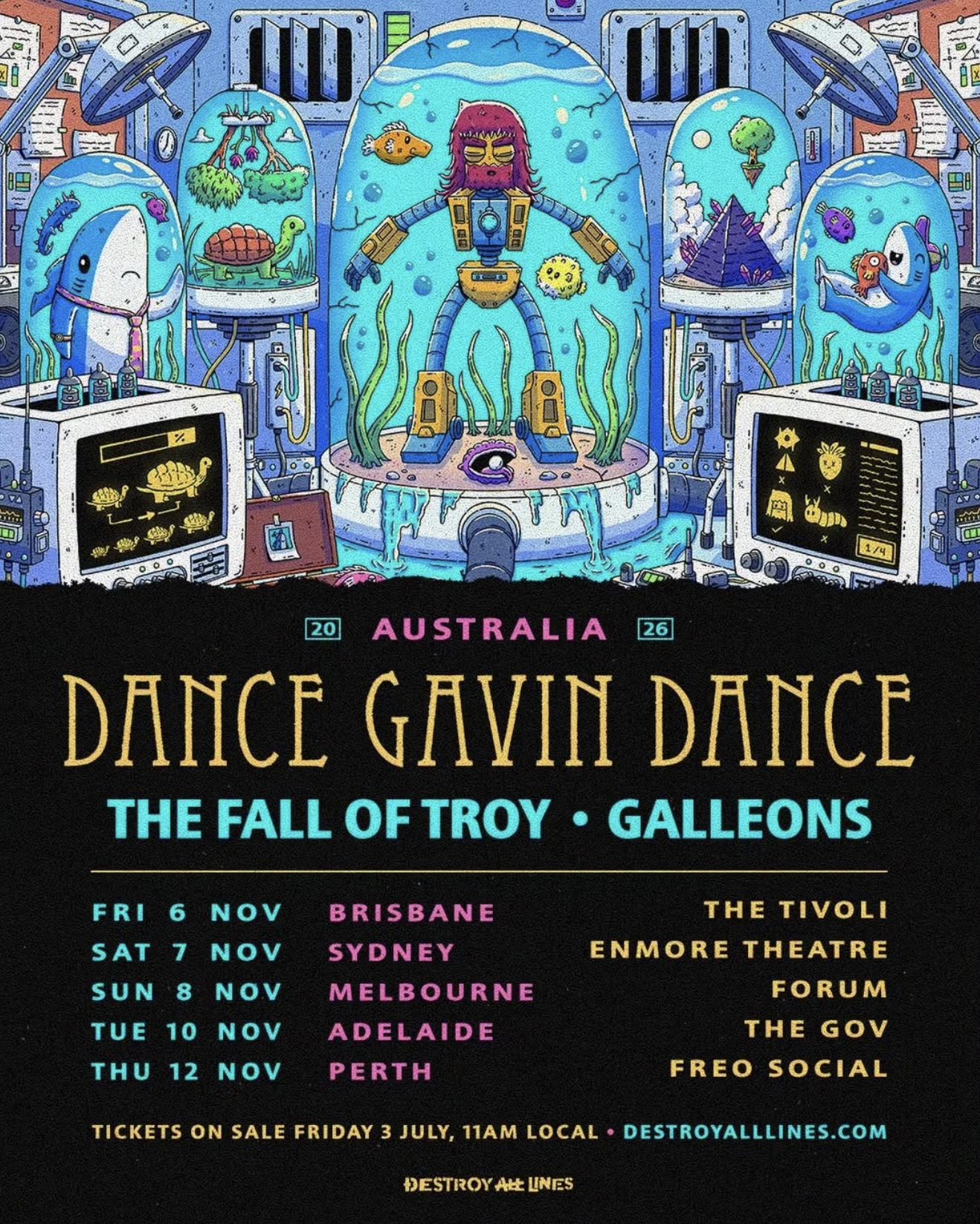 Dance Gavin Dance 2026 Australian Tour poster with The Fall Of Troy and Galleons. Features sci-fi lab illustration and November tour dates.