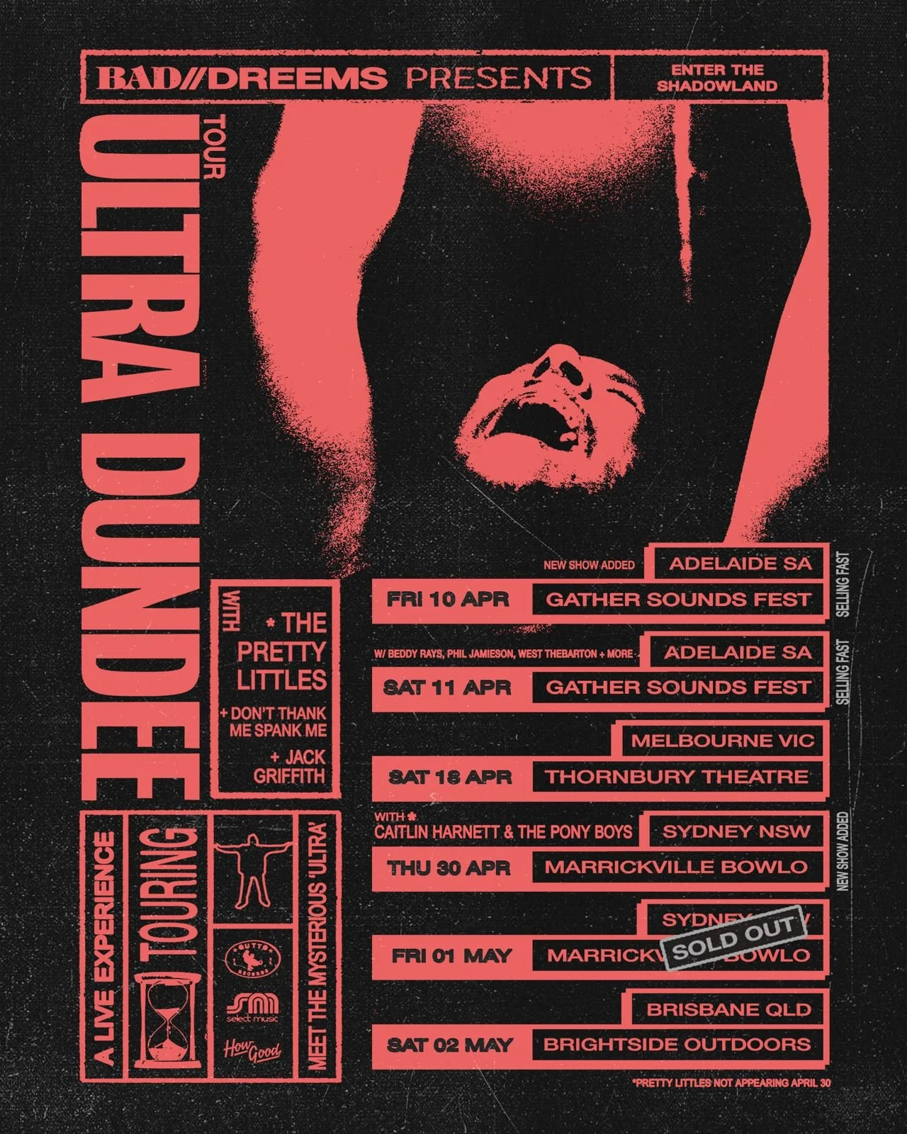 Bad//Dreems Ultra Dundee Tour poster in red and black featuring Australian tour dates for Adelaide, Melbourne, Sydney, and Brisbane.