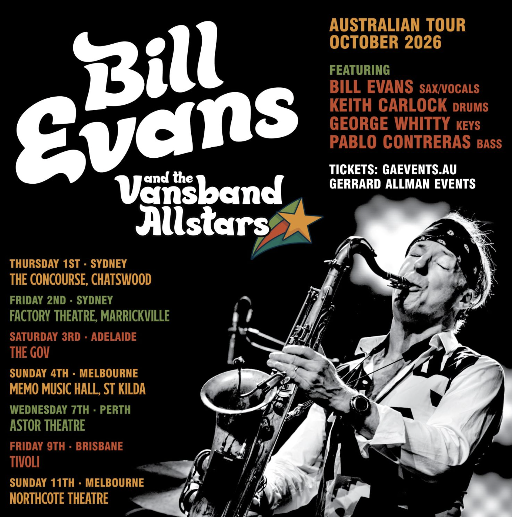 Tour poster for jazz saxophonist Bill Evans and the Vansband Allstars 2026 Australian tour. Listing dates for Sydney, Adelaide, Melbourne, and Perth.