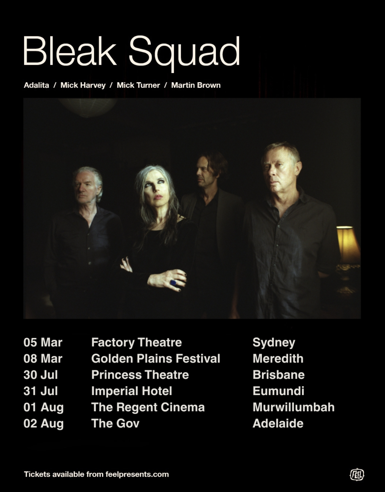 Bleak Squad 2026 tour poster featuring Adalita, Mick Harvey, Mick Turner, and Martin Brown. Tour dates for Sydney, Brisbane, Adelaide, and more.