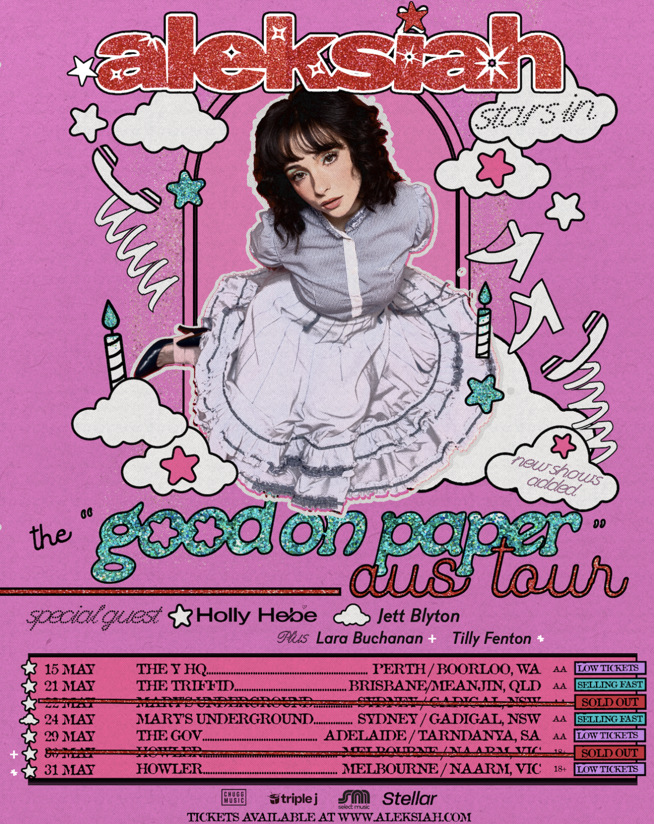 Pink "The Good on Paper Aus Tour" poster for aleksiah with special guest Holly Hebe. Lists May 2026 dates for Perth, Brisbane, Sydney, and Adelaide.