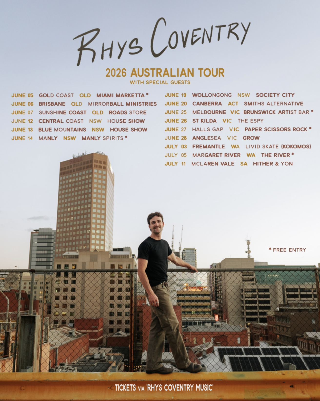 Rhys Coventry 2026 Australian Tour poster with city dates for Brisbane, Sydney, Melbourne, and Perth, featuring an urban rooftop artist photo.