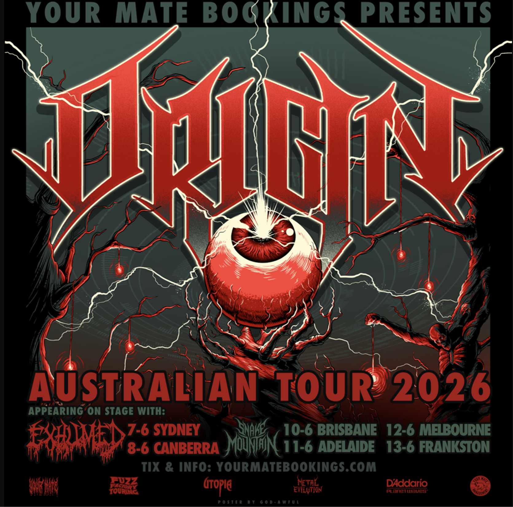 Origin Australian Tour 2026 poster. The death metal band plays Sydney, Canberra, Brisbane, Adelaide, Melbourne, & Frankston with Exhumed and Mountain.
