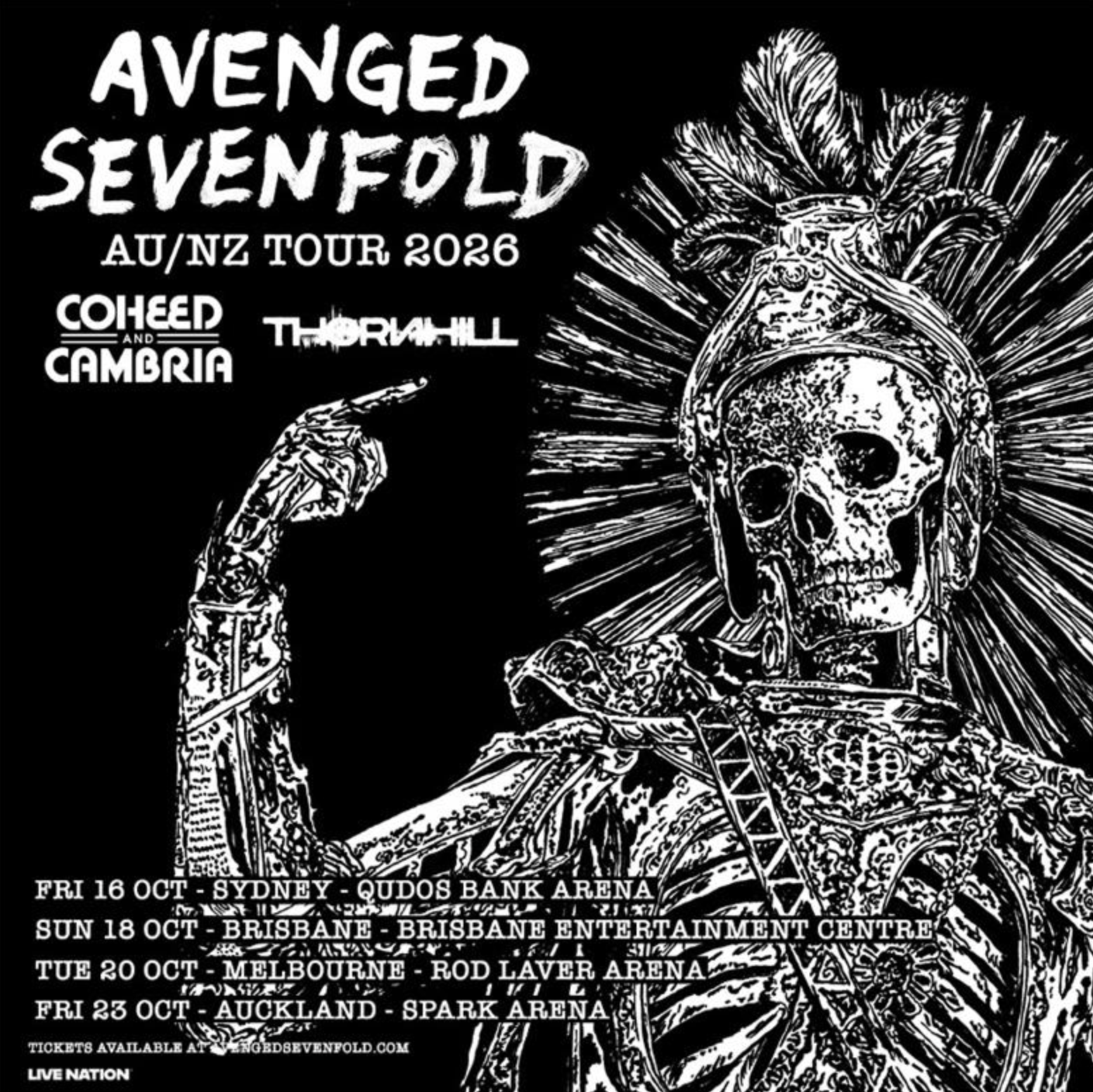 Avenged Sevenfold 2026 AU/NZ Tour poster featuring Coheed and Cambria and Thornhill. Black and white skeleton art with tour dates for Sydney and more.