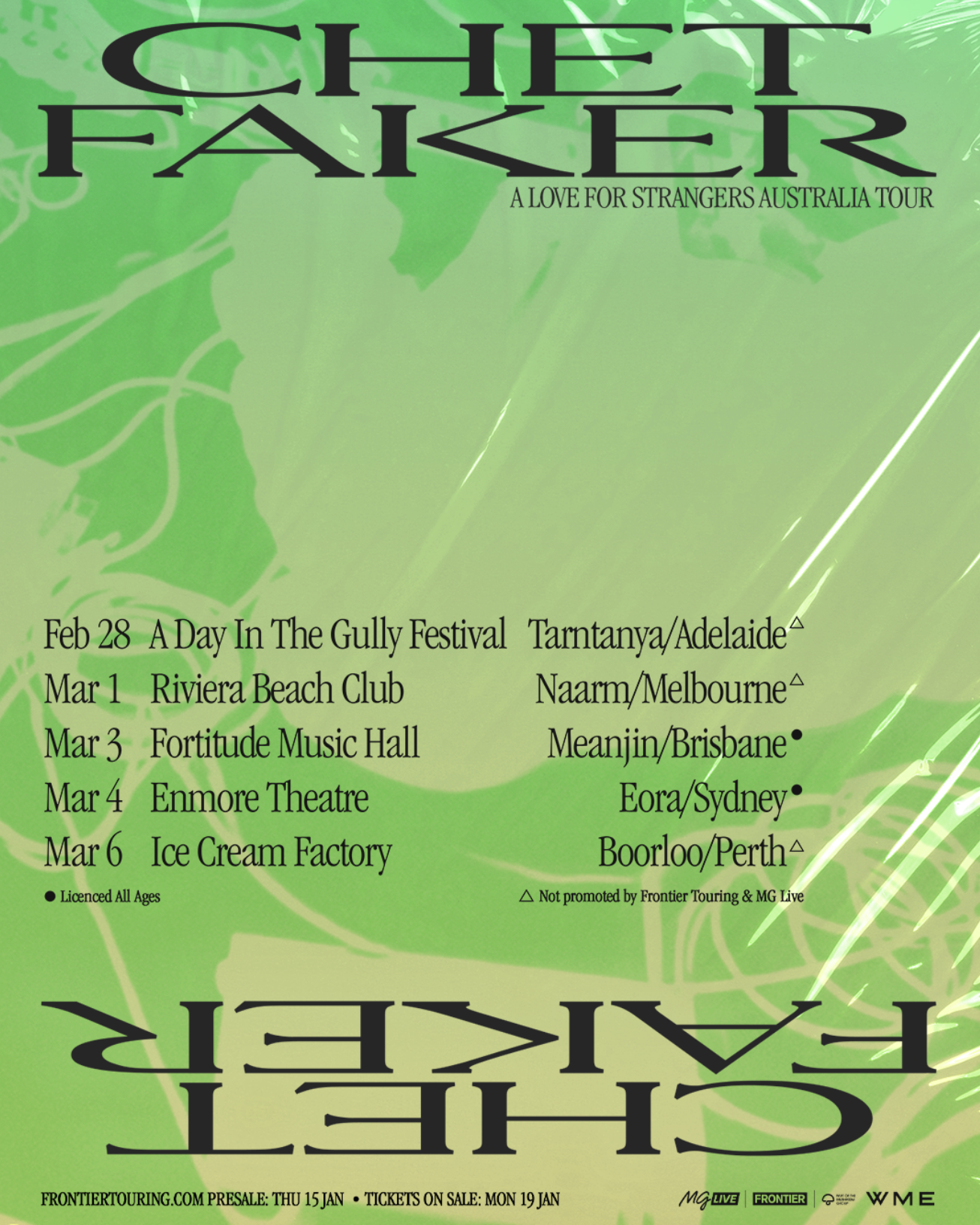 Tour poster for Chet Faker's "A Love For Strangers Australia Tour." Dates include Adelaide, Melbourne, Brisbane, Sydney, and Perth in February and March.