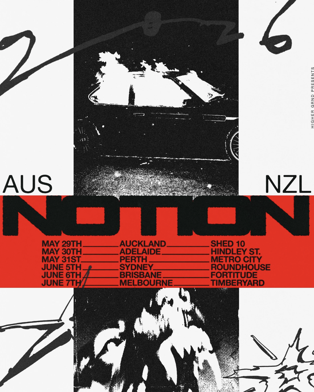 "Notion World Tour" 2026 poster featuring Jan/Feb dates for Perth, Brisbane, Sydney, Melbourne, and Auckland. Ideal for UK bass and EDM fan SEO.