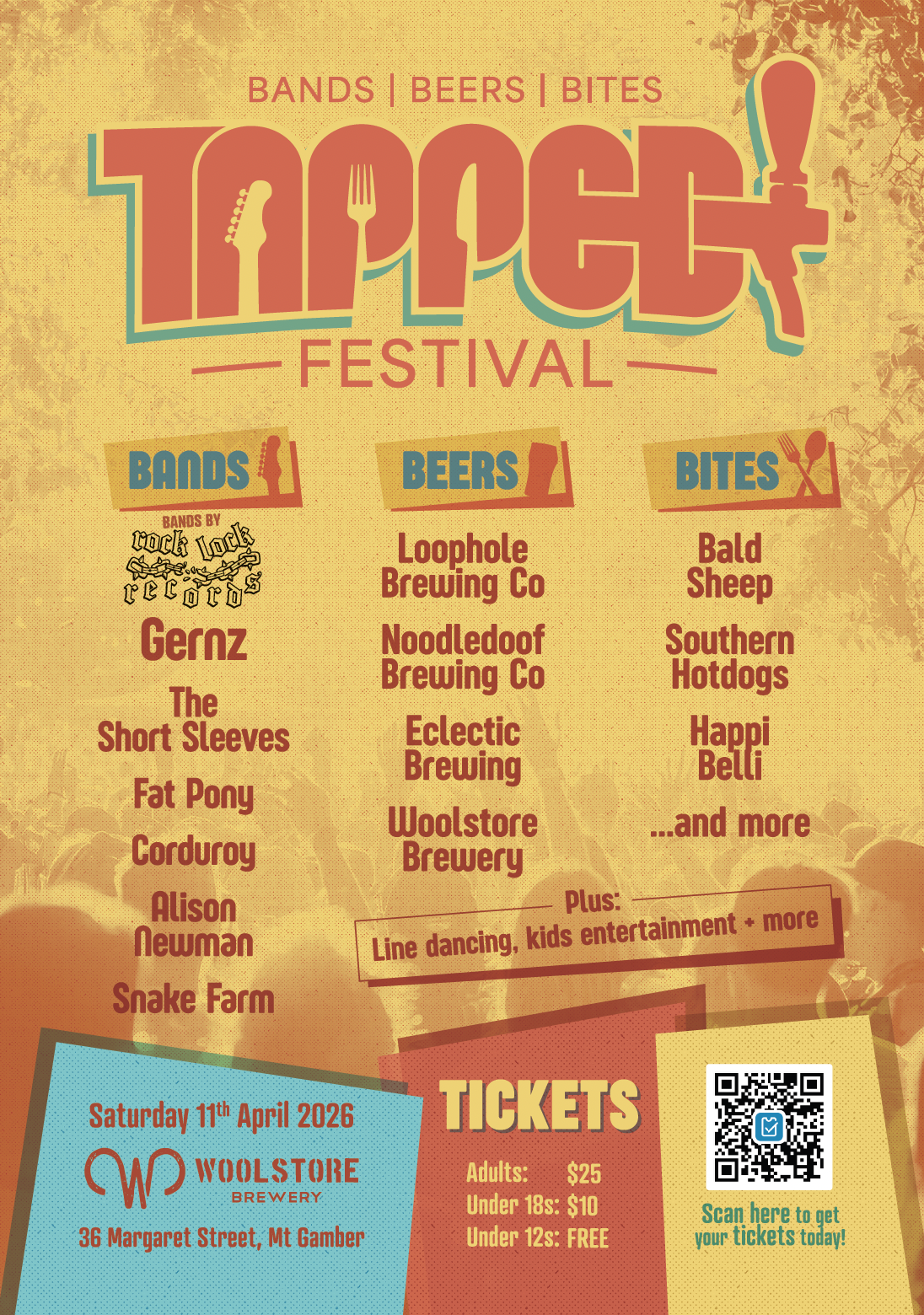 Tapped Festival poster for Woolstore Brewery, April 11, 2026. Features bands, beers, and bites with a retro design. Located in Mt Gambier, SA.