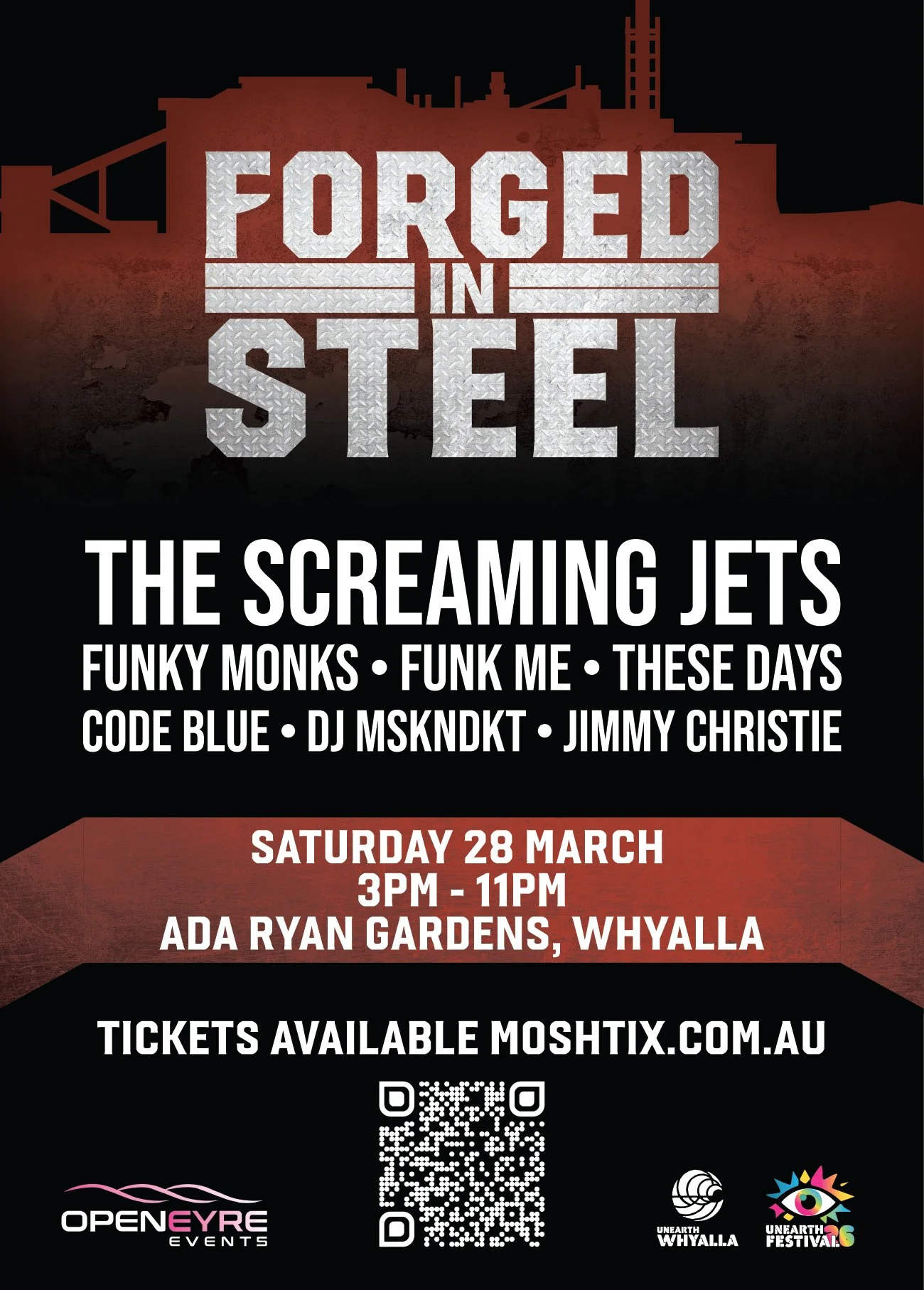 "Forged in Steel" 2026 poster for Whyalla event on March 28. Headlined by The Screaming Jets at Ada Ryan Gardens. Tickets available via Moshtix.