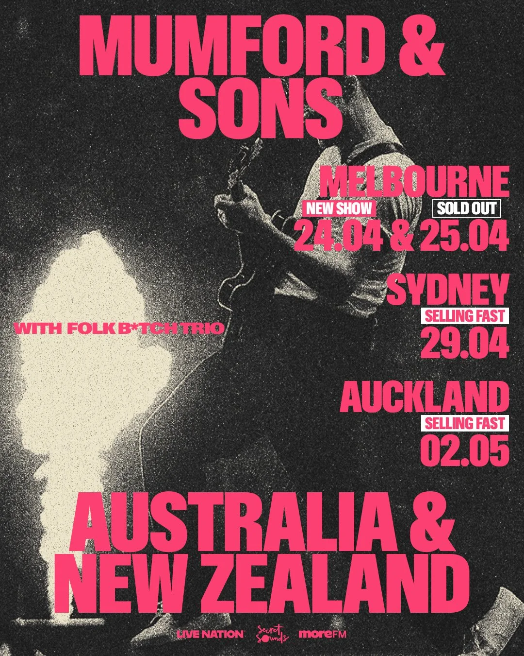Mumford & Sons Australia and New Zealand tour poster with dates for Melbourne, Sydney, and Auckland, featuring a guitarist silhouetted in pink.