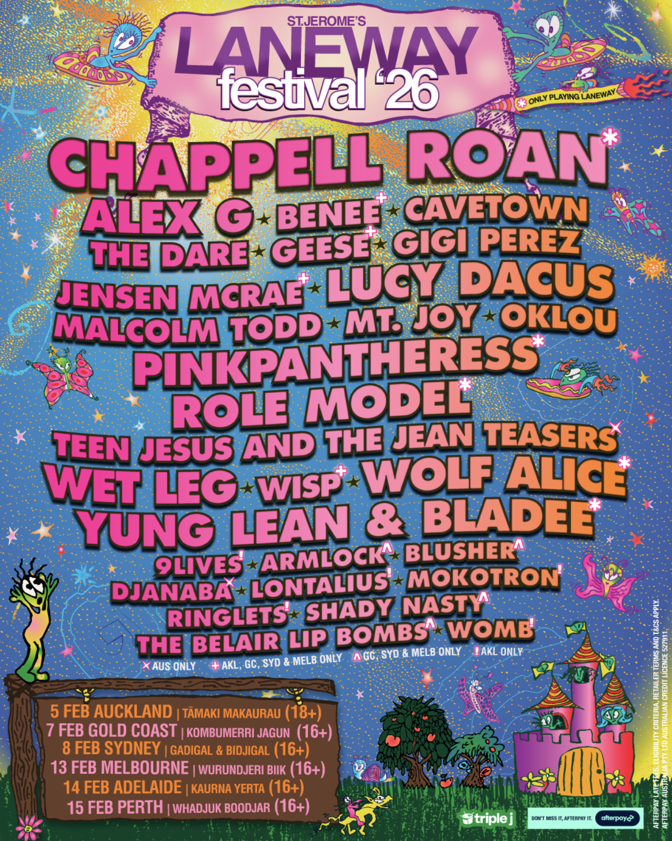 Colorful St. Jerome's Laneway Festival 2026 poster featuring Chappell Roan, PinkPantheress, and Cavetown. Includes 2026 tour dates across Australia.