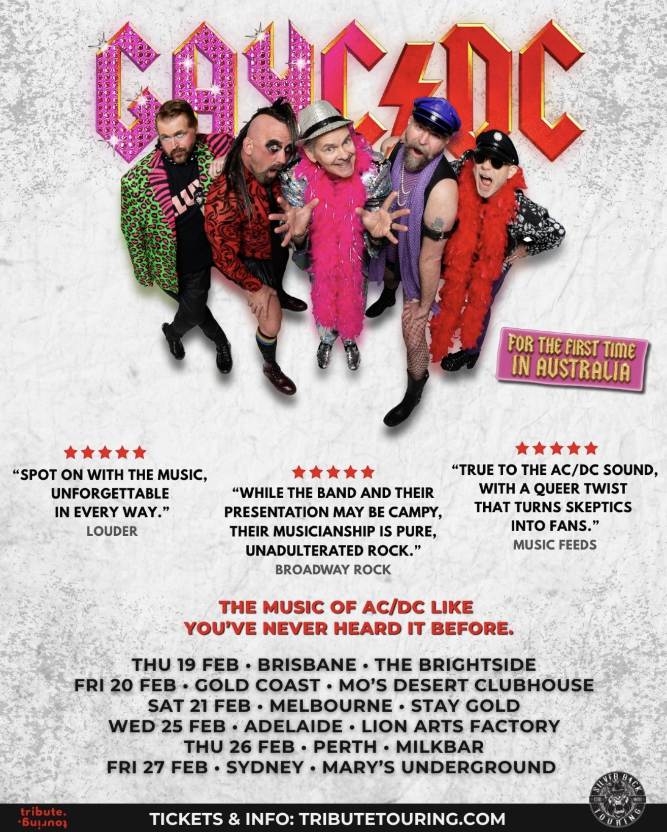 GAYC/DC 2026 Australian tour poster for "First Time Down Under," featuring February dates for Brisbane, Melbourne, Adelaide, Perth, and Sydney.