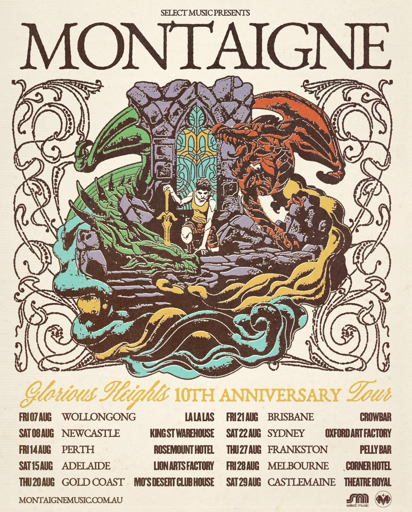 Tour poster for Montaigne’s Glorious Heights 10th Anniversary Tour in Australia, featuring fantasy-style dragon artwork and 2026 tour dates and venues.