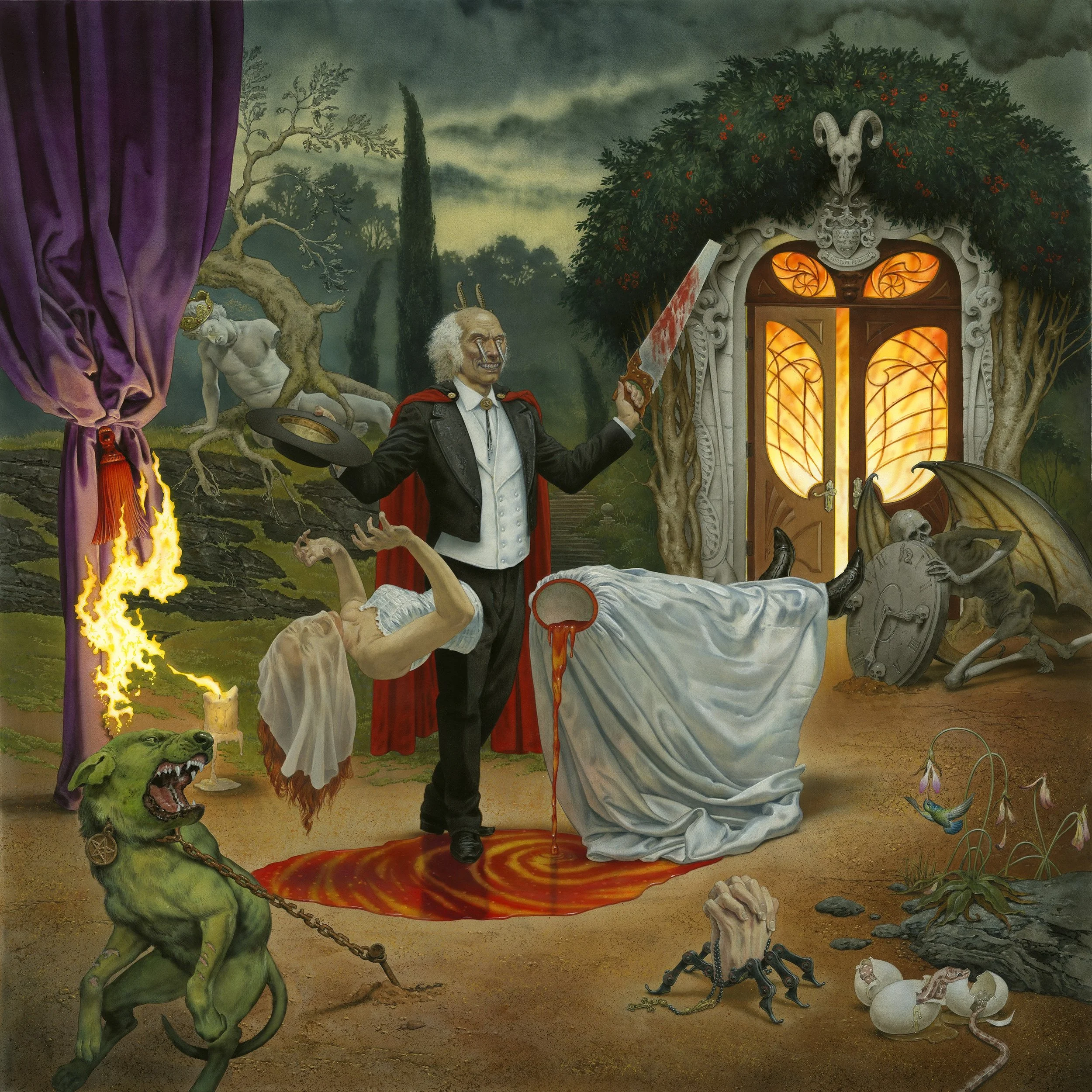 Anthrax album cover for Cursum Perficio, featuring a sinister magician sawing a levitating woman in half amidst surreal, gothic imagery.