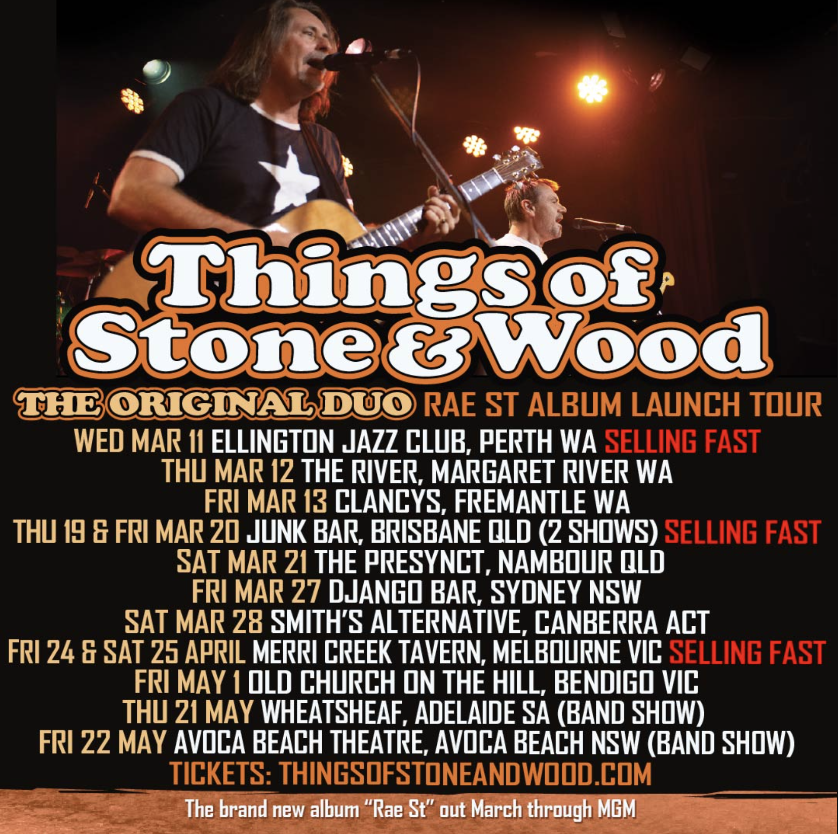 Things of Stone and Wood original duo performing live on the "Rae St" 2026 album launch tour, featuring guitarists on stage under warm stage lights.