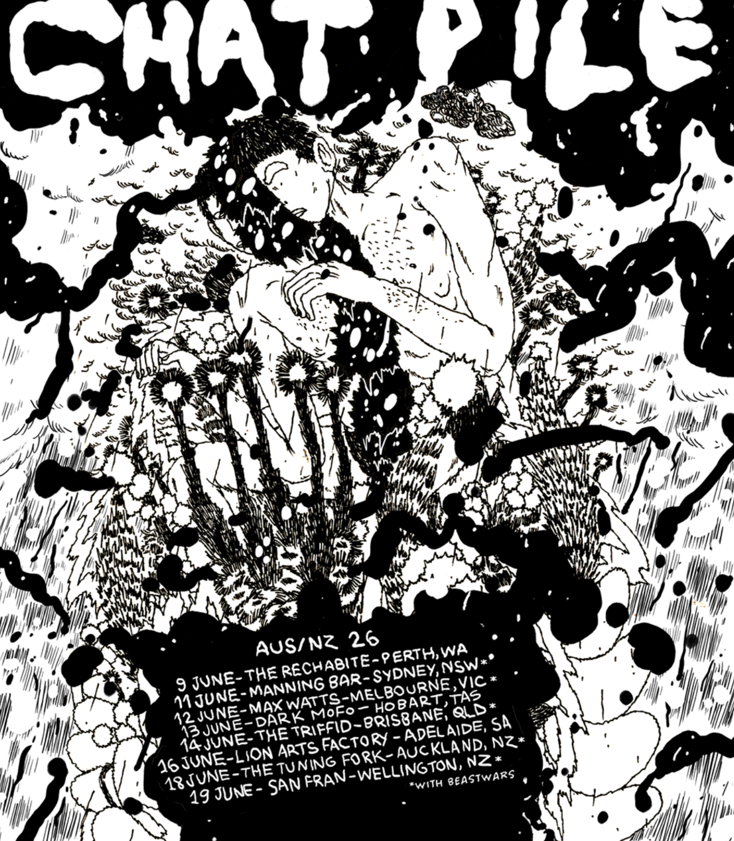 Chat Pile 2026 Australian and New Zealand tour poster with Beastwars, listing dates for Perth, Sydney, Melbourne, Brisbane, Adelaide, and Wellington.