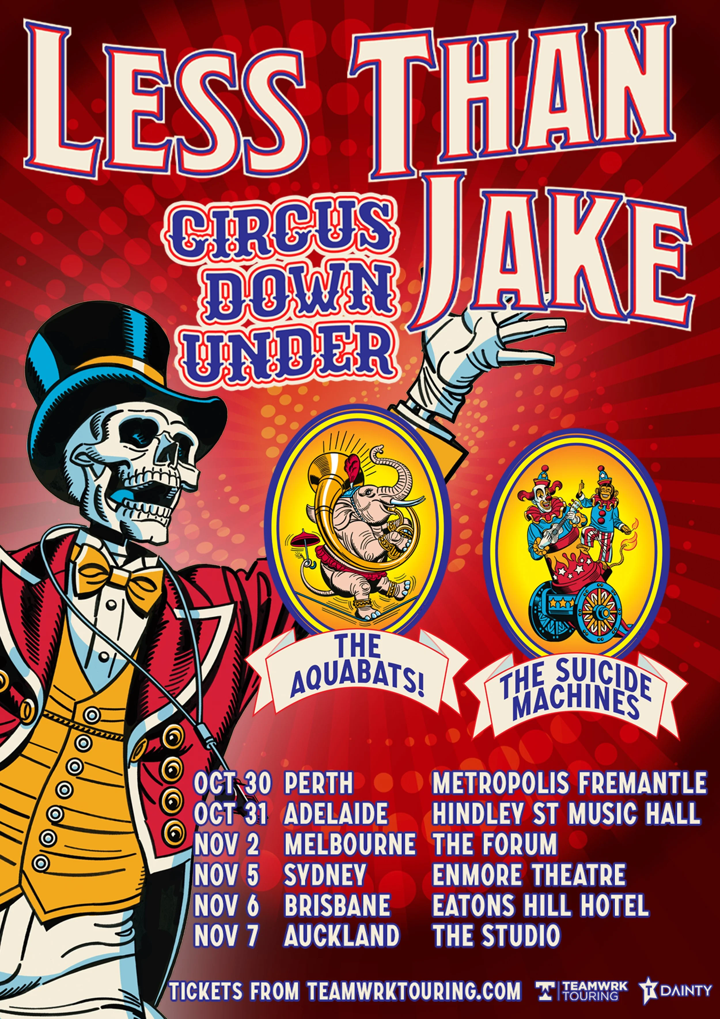 Less Than Jake "Circus Down Under" 2026 Australian tour poster with The Aquabats and The Suicide Machines, featuring dates for Perth, Sydney, and more.