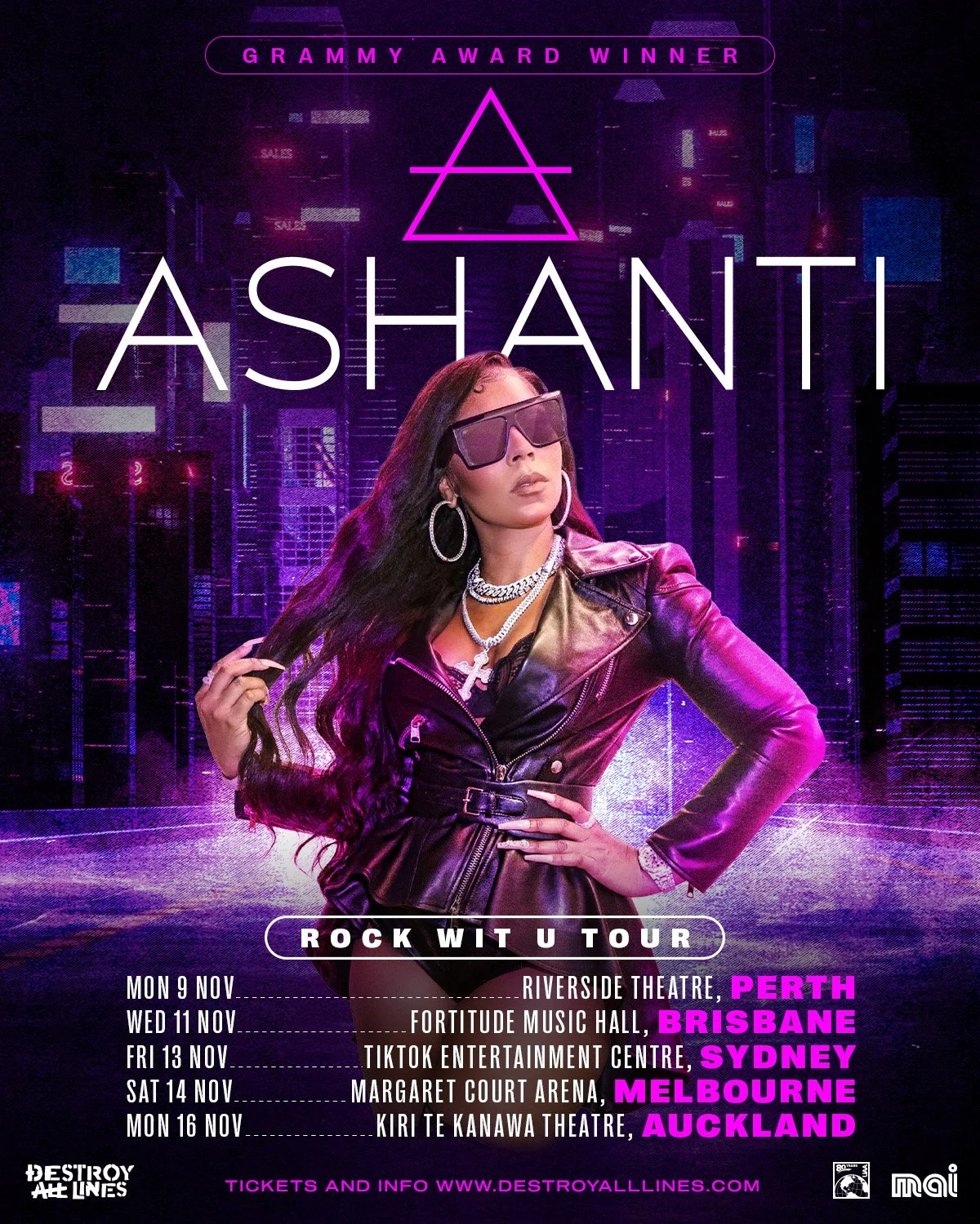 Ashanti Rock Wit U Australia & New Zealand tour poster with the artist in a leather jacket and sunglasses against a neon purple city skyline.