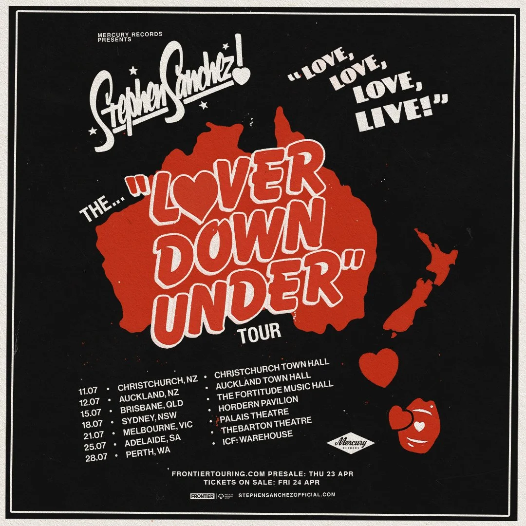 Stephen Sanchez tour poster for "The Lover Down Under" 2026 Australia and New Zealand tour, listing dates in Brisbane, Sydney, Melbourne, and Adelaide.