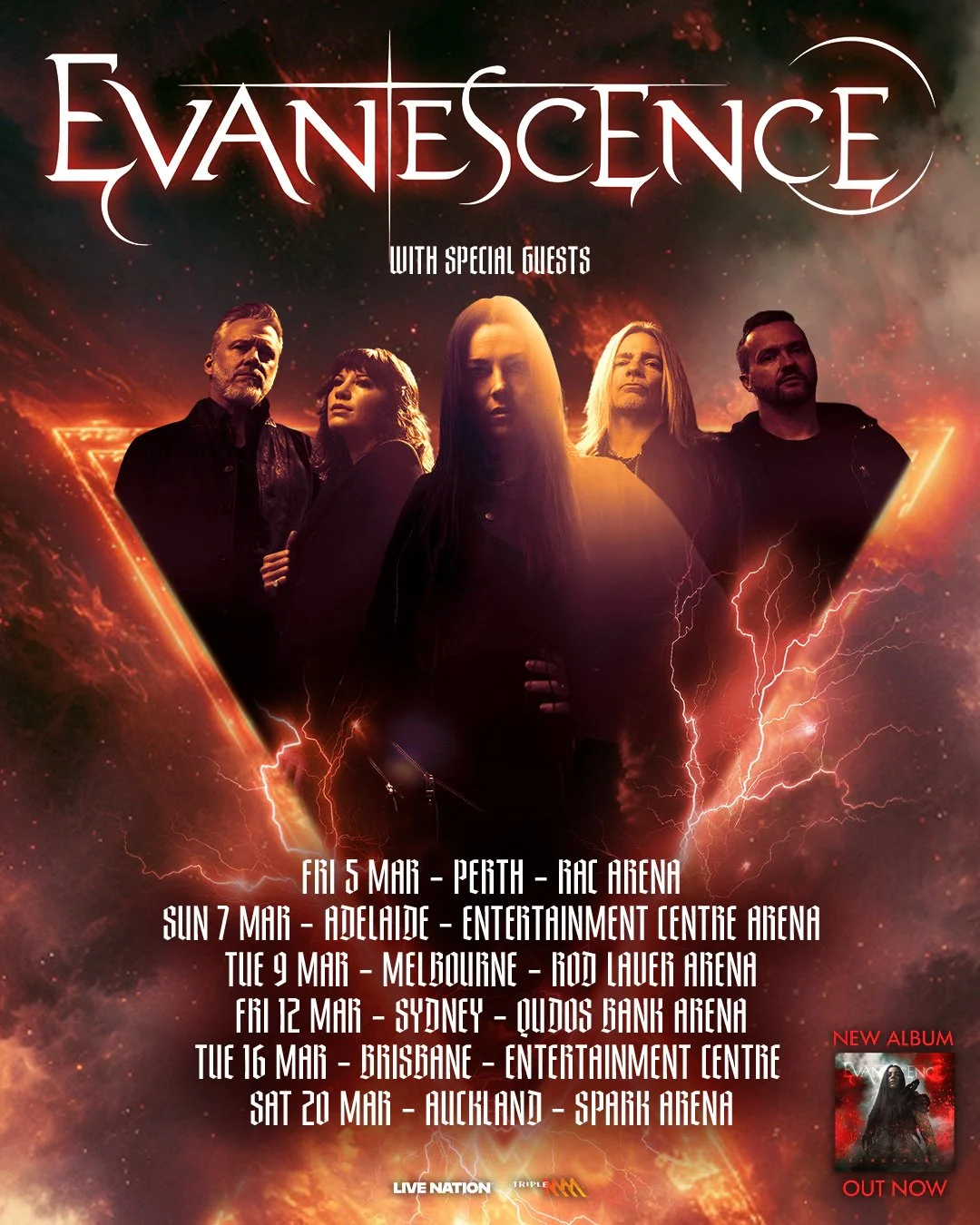 Evanescence tour poster for their Australia and New Zealand concert dates, featuring band members inside a glowing red, electric triangle.