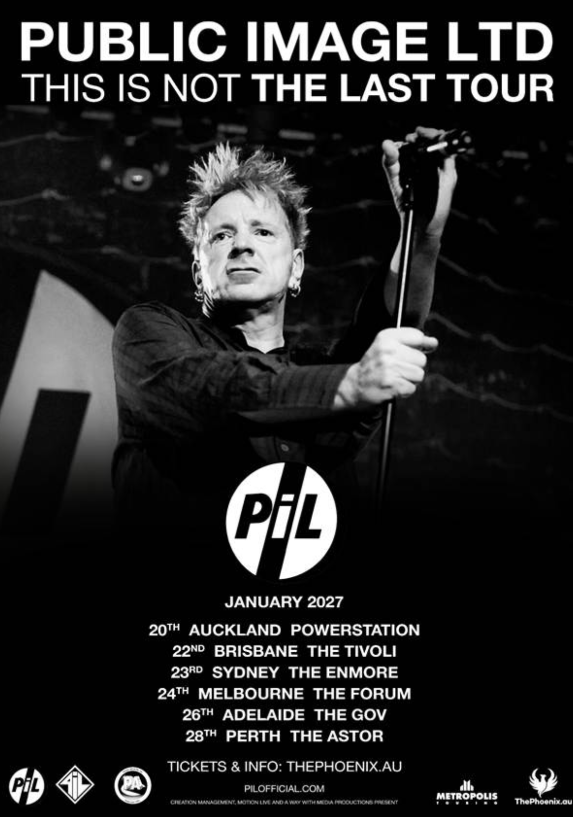 Here is a 124-character alt-text designed for SEO, hitting the key keywords and identifying the subject:  Public Image Ltd tour poster for This Is Not The Last Tour 2027 featuring John Lydon and PiL logo with Australia tour dates.