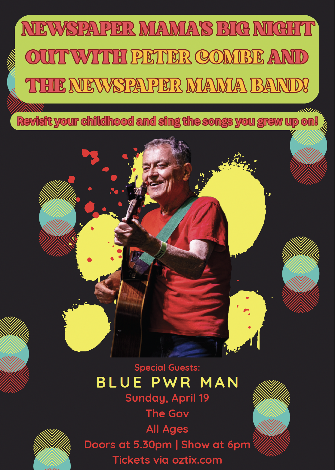 Peter Combe Newspaper Mama’s Big Night Out tour poster for The Gov in Adelaide. Features the children's entertainer with his guitar for an all-ages show.