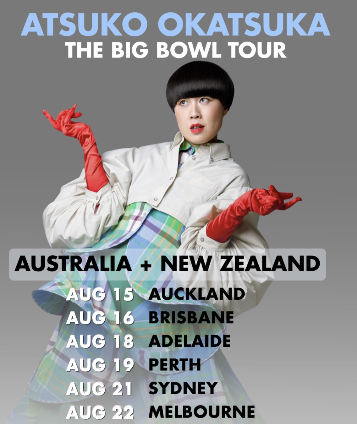 Atsuko Okatsuka The Big Bowl Tour poster for Australia and New Zealand. August 2026 dates for Auckland, Brisbane, Adelaide, Perth, Sydney, and Melbourne.