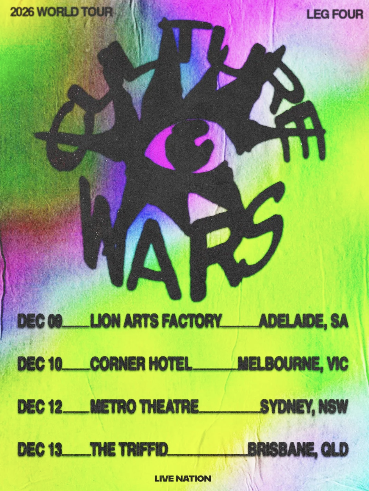 Culture Wars 2026 Australian tour poster with eye graphic on neon green background, listing December dates for Adelaide, Melbourne, Sydney, Brisbane.