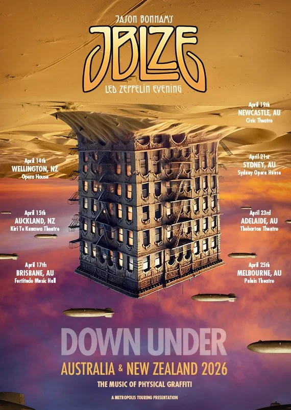 Tour poster for Jason Bonham’s Led Zeppelin Evening 2026 Australia and New Zealand tour, featuring an upside-down building and blimps in the sky.